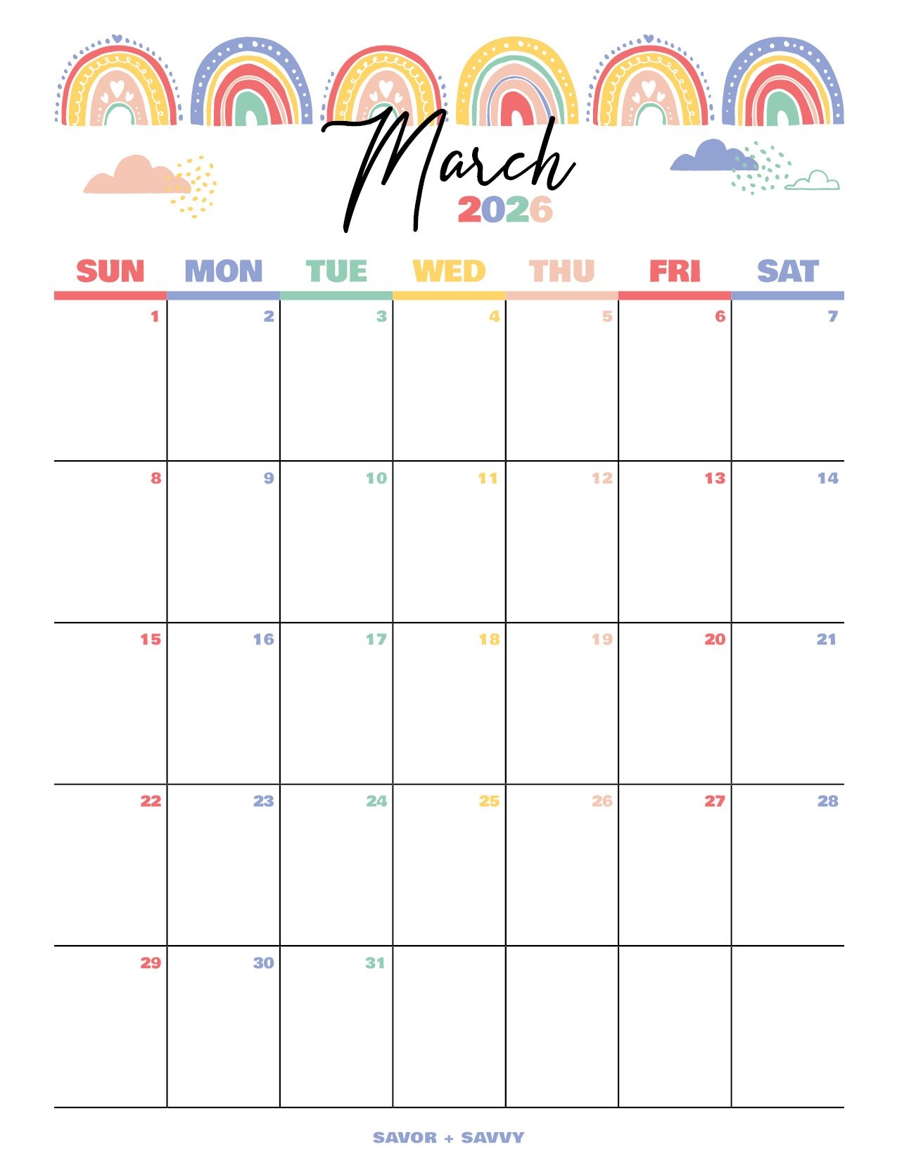 March 2026 Calendar Templates 14 Free Printables Savor Savvy