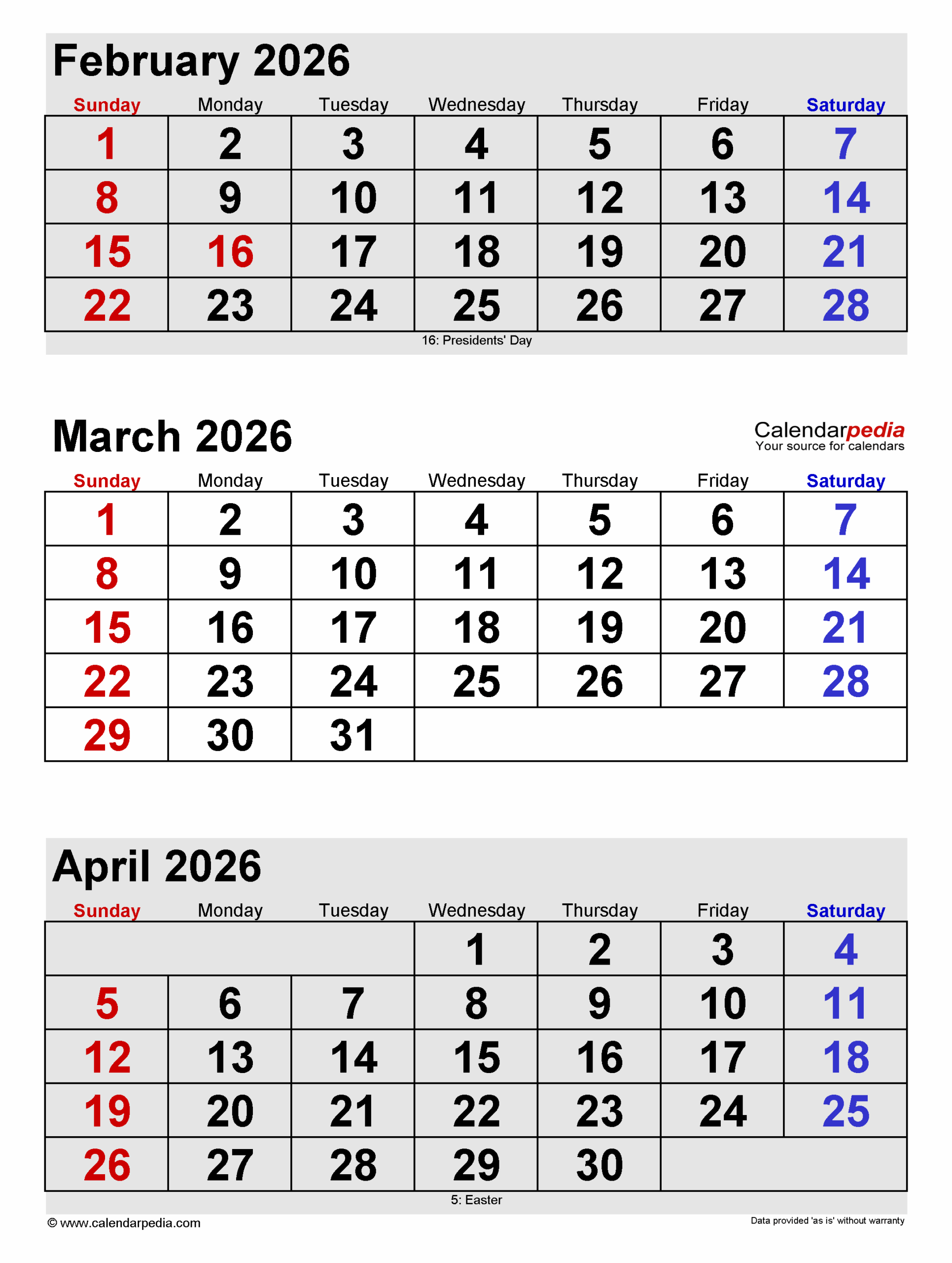 Feb To April 2026 Calendar