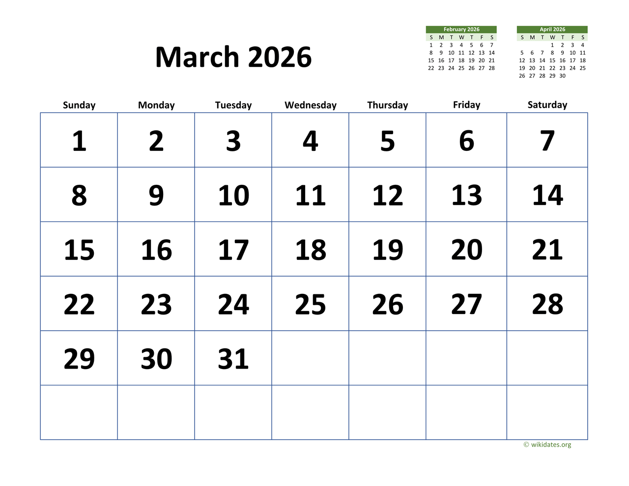 2026 Calendar February March