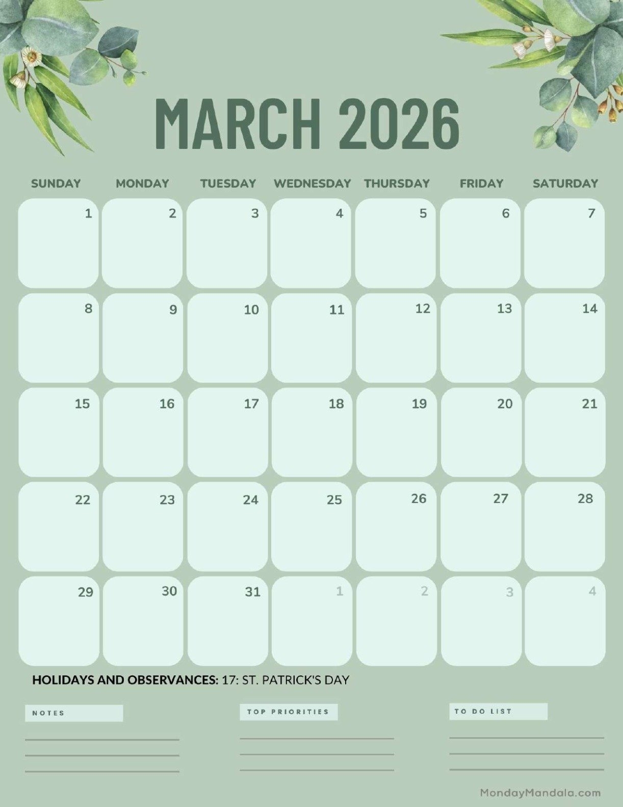 Spring March 2026 Calendar