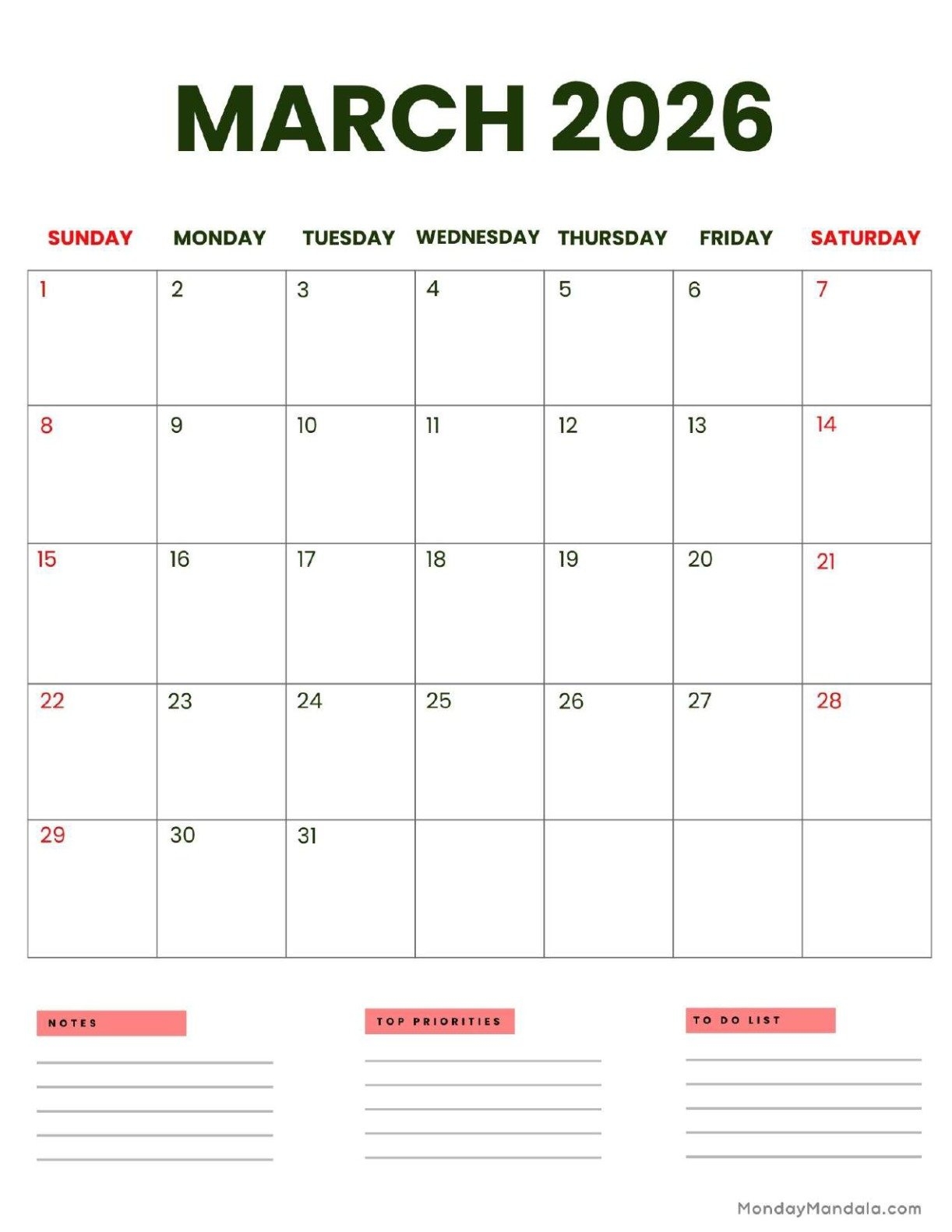 March 2026 Calendars Free PDF Printables