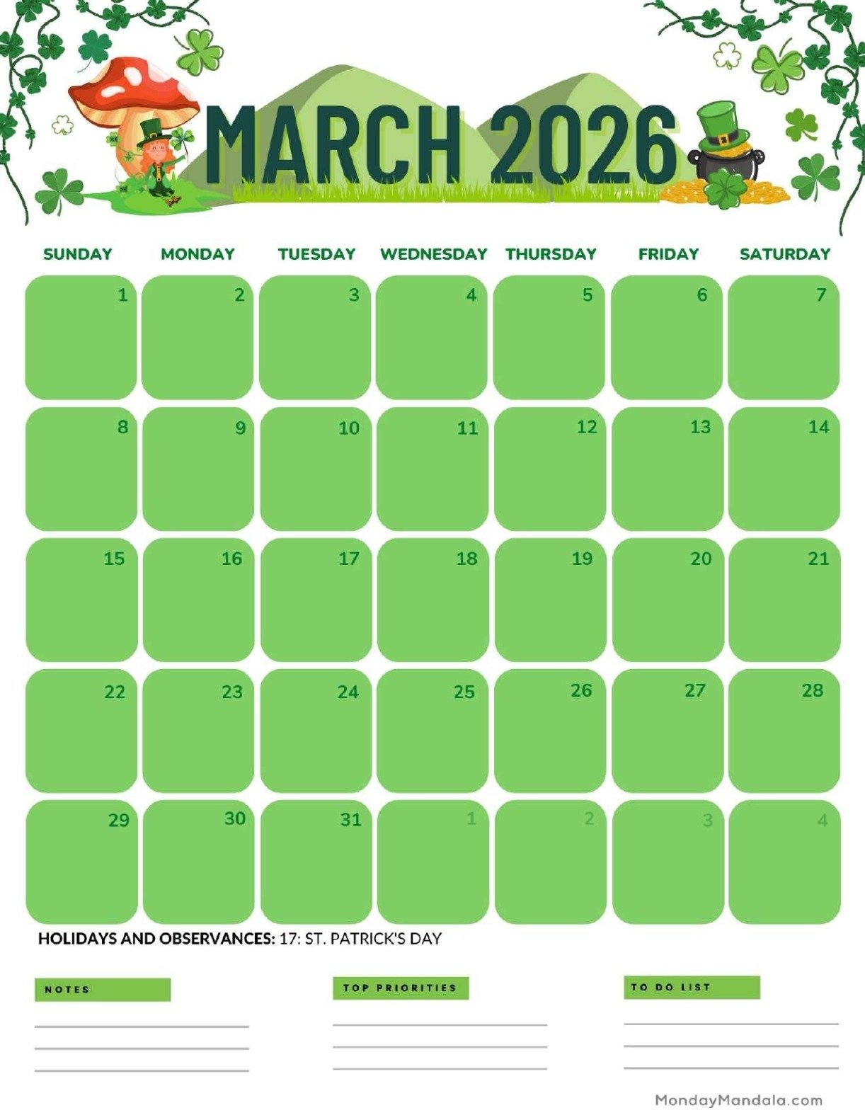 Free Editable March 2026 Calendar