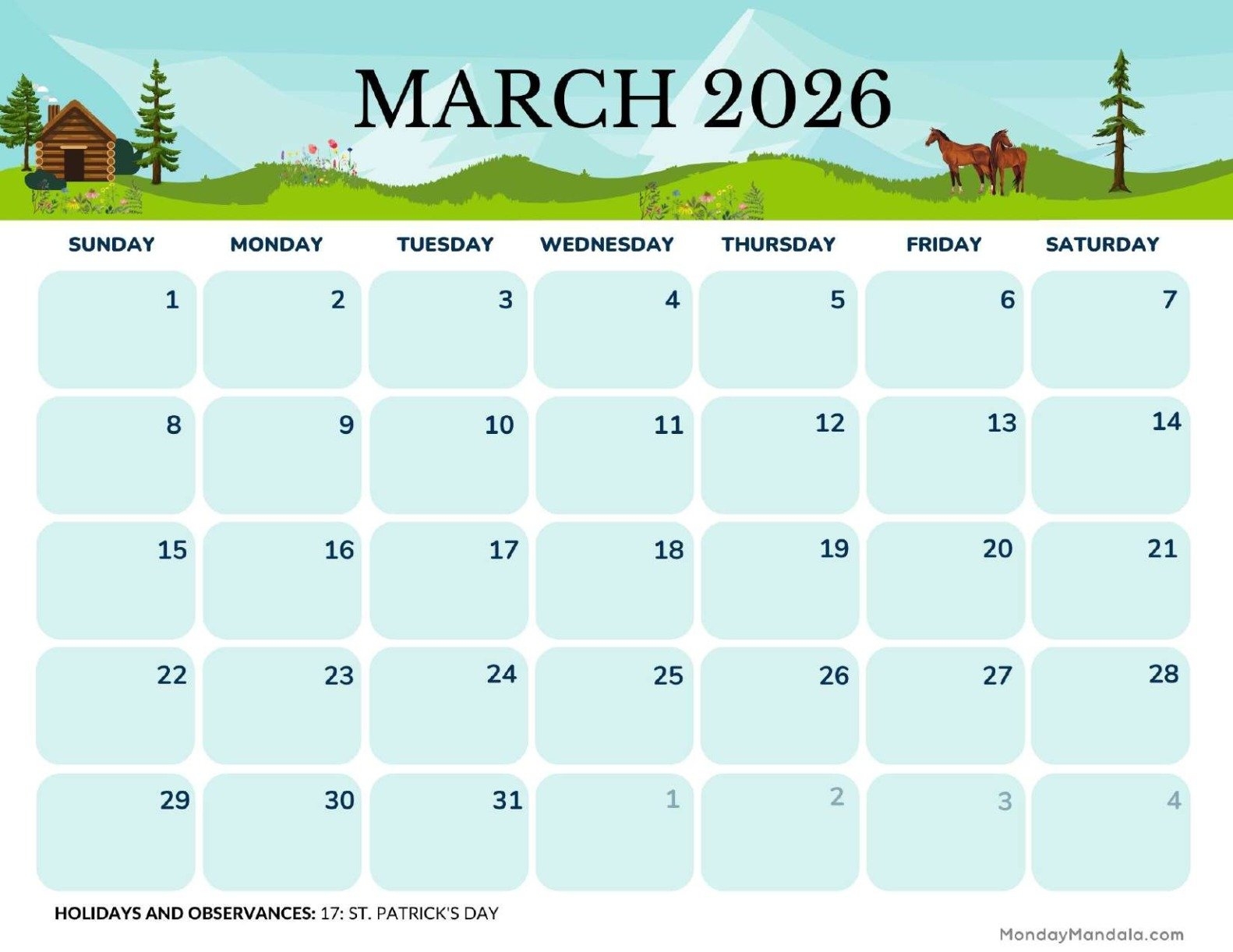Calendar March 2026 Printable Free