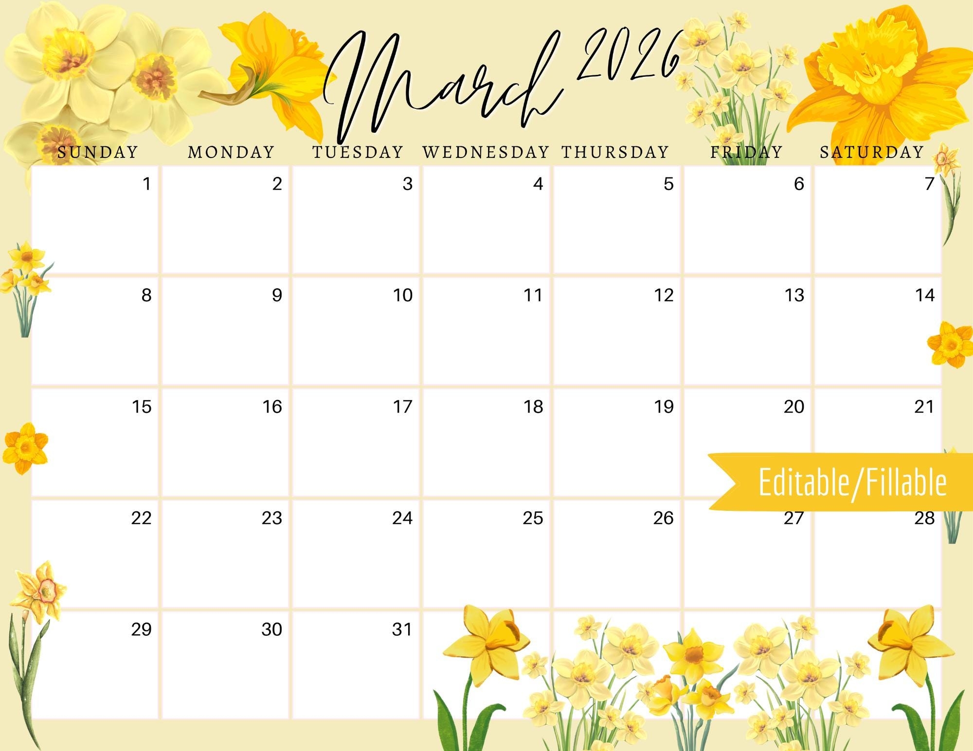 March 2026 Digital Calendar Yellow Daffodils Planner Editable