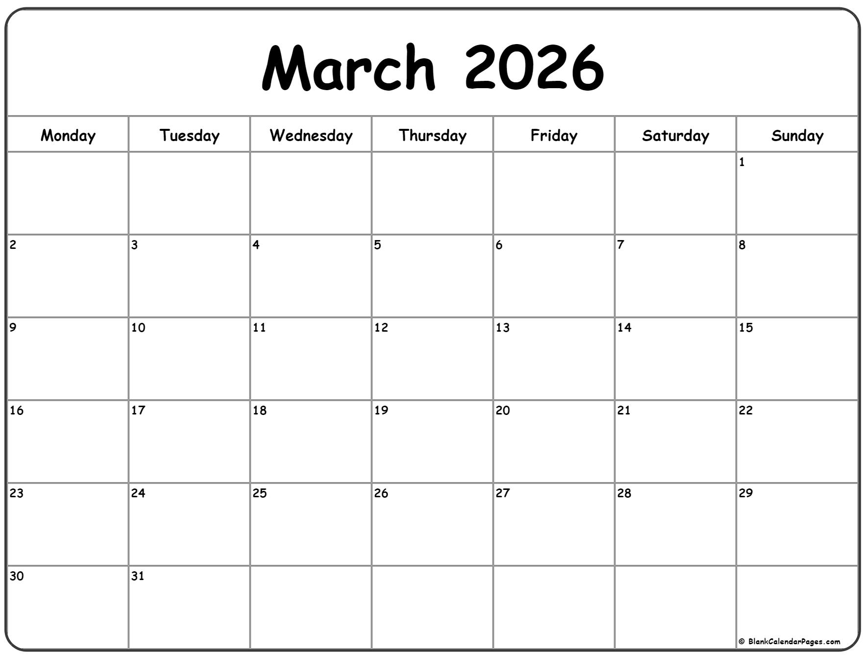 March 2026 Monday Calendar Monday To Sunday