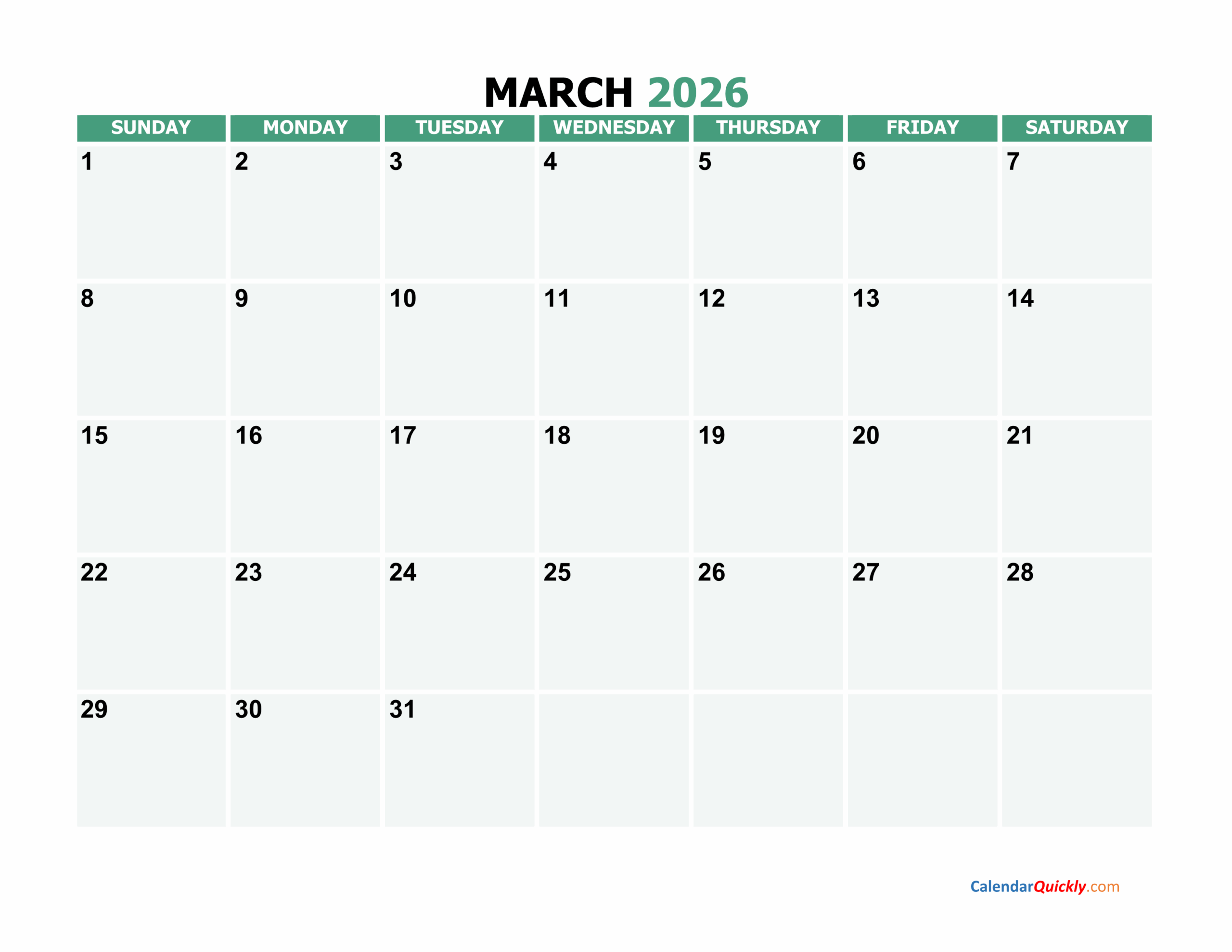 Calendar Template March 2026