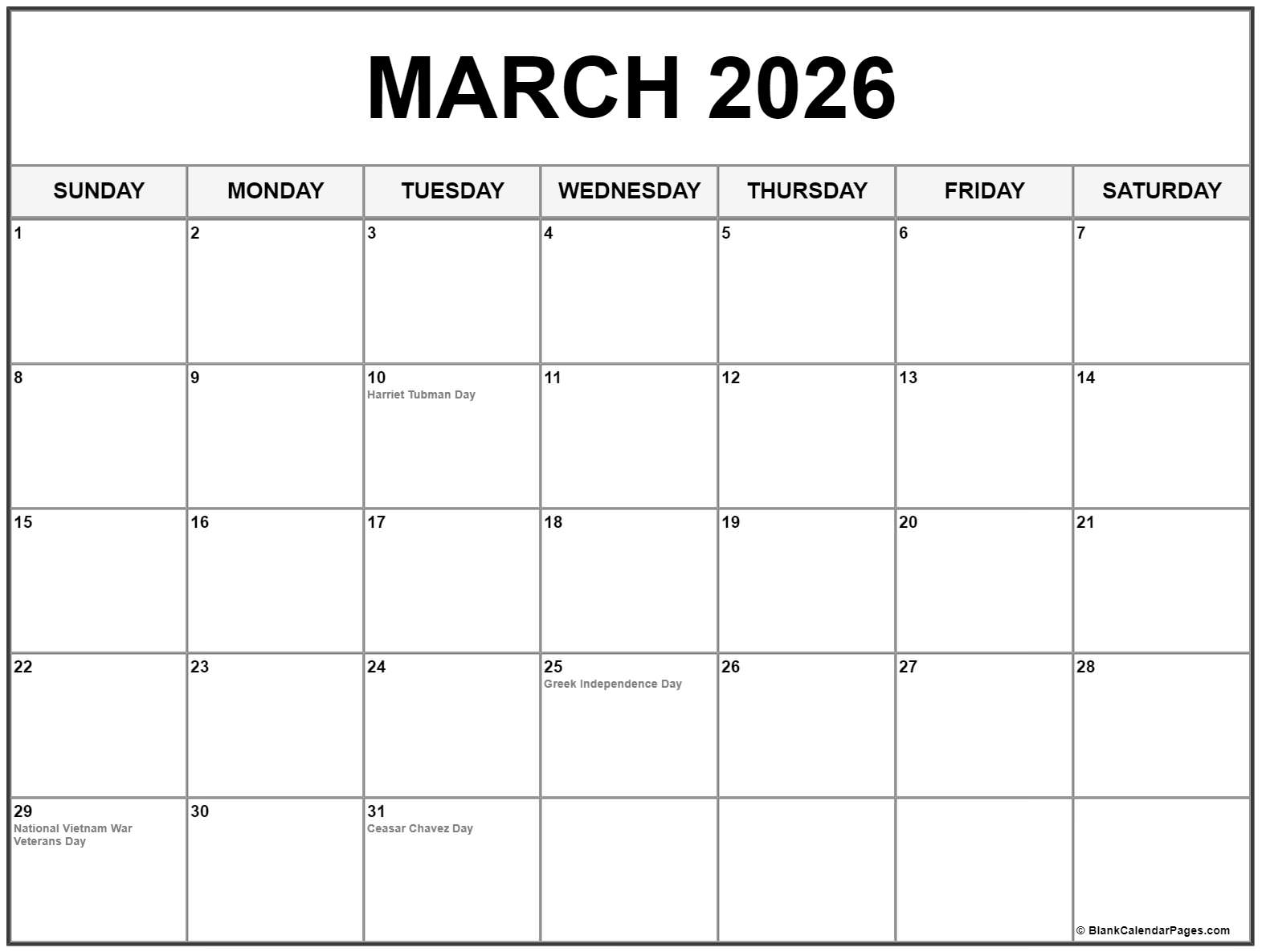 March 2026 With Holidays Calendar