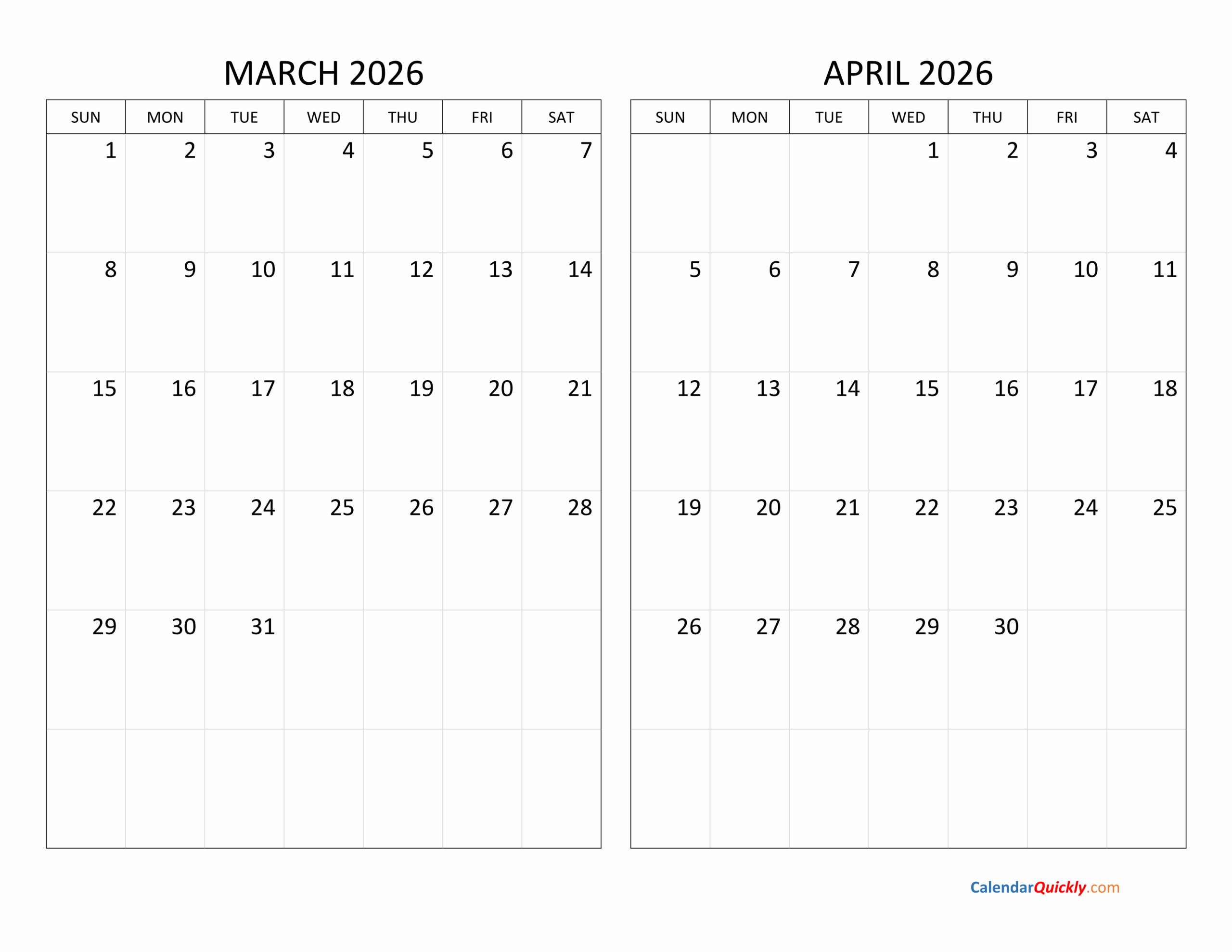 March And April 2026 Calendar Calendar Quickly