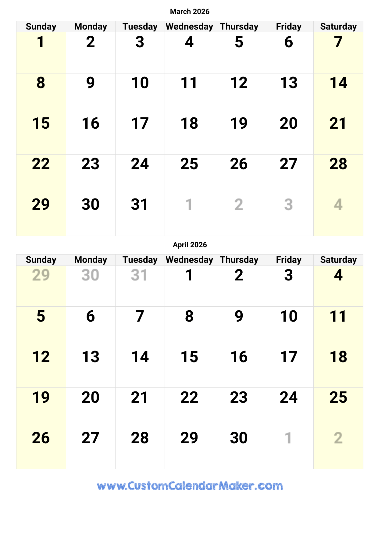 Calendar 2026 March April May June