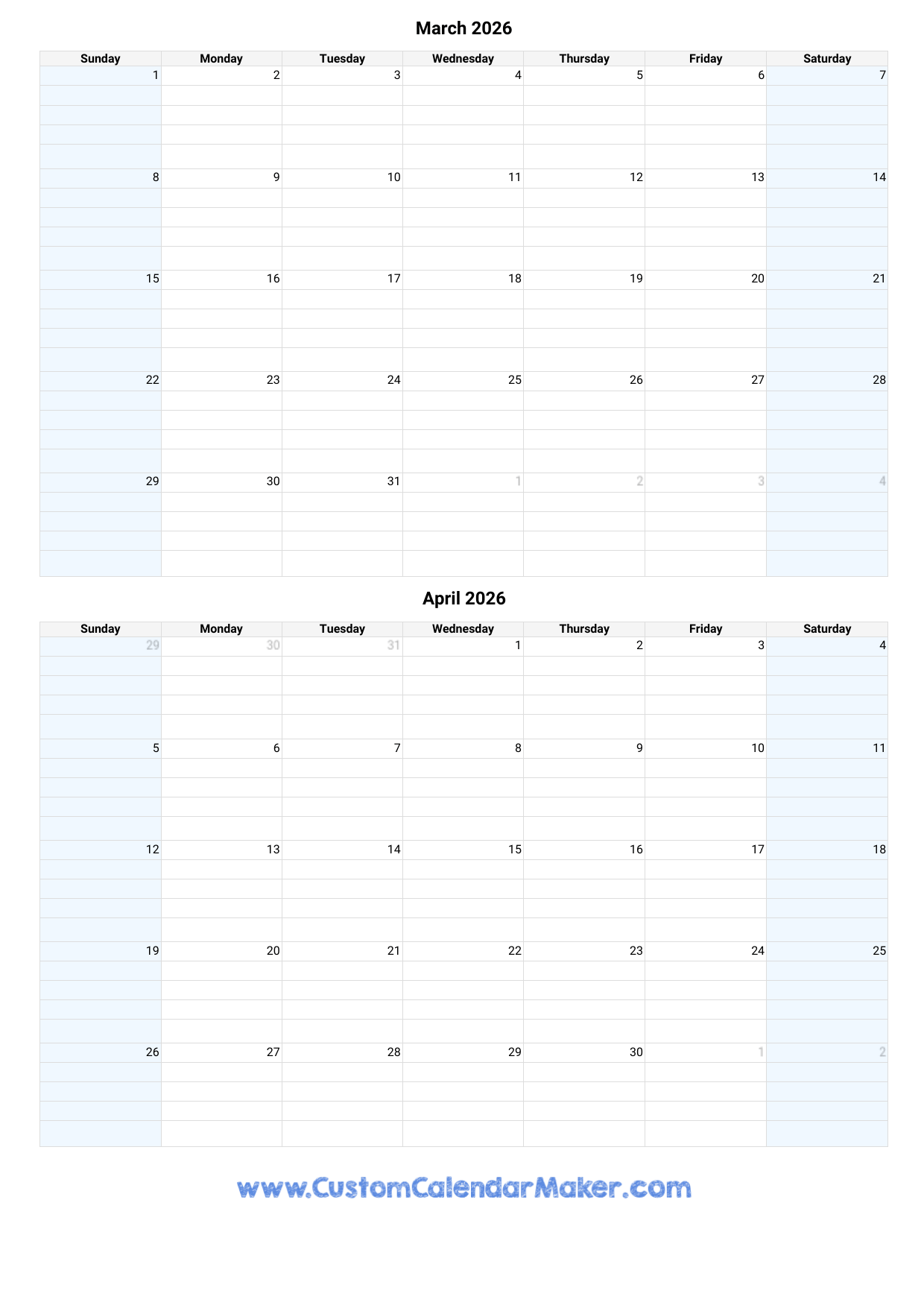 March And April 2026 Calendar Custom Calendar Maker