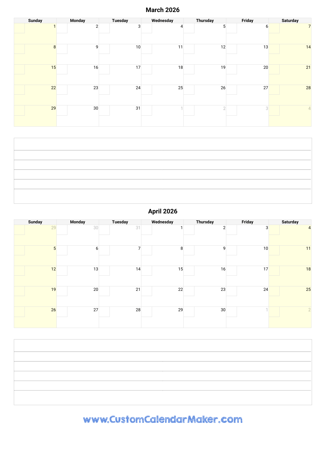 Calendar March April May June 2026