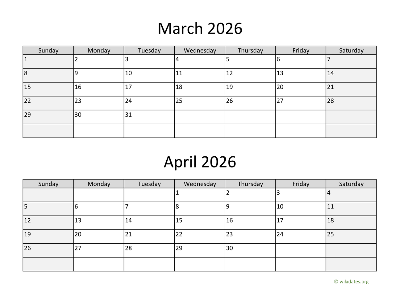 March And April 2026 Calendar WikiDates