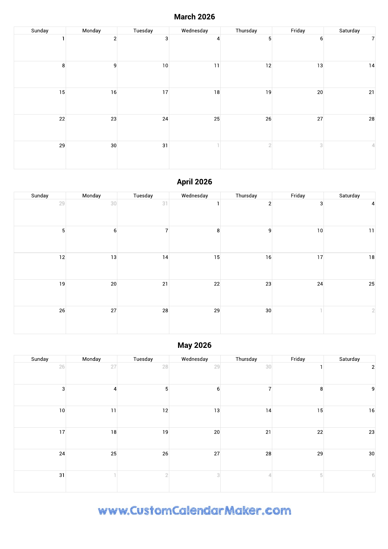 March To May 2026 Calendar Printable Custom Calendar Maker