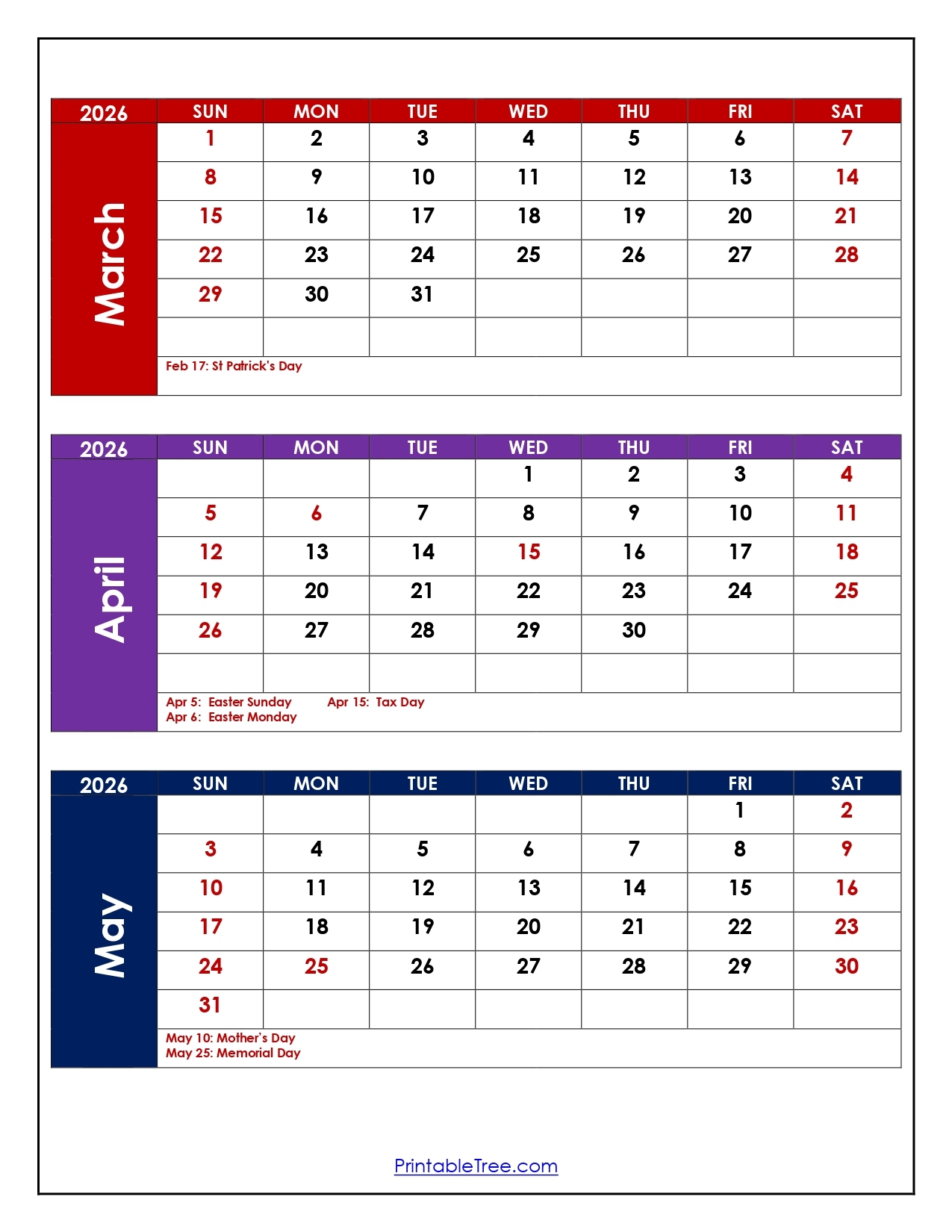 March To May 2026 Calendar Three Month Calendar