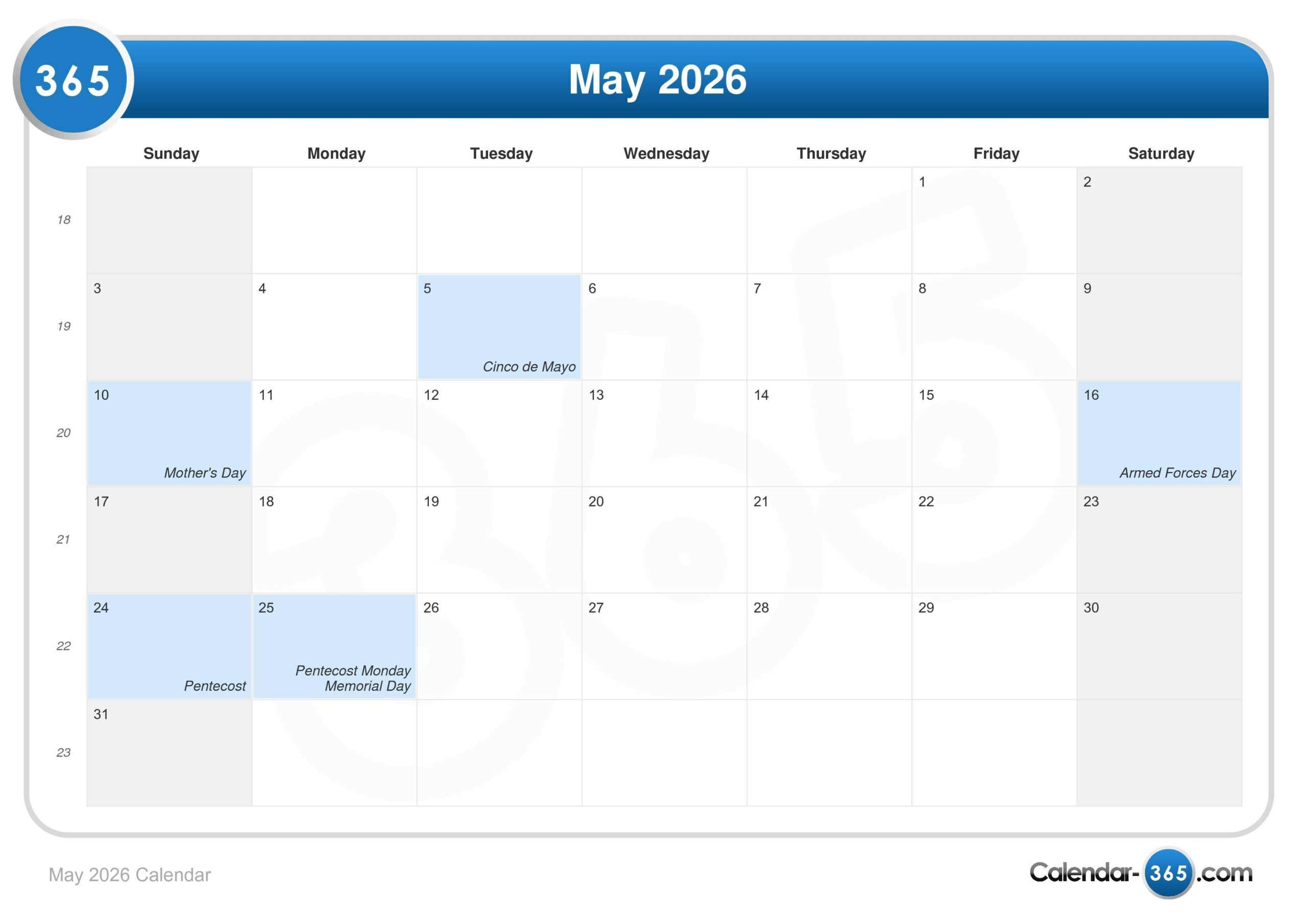 Weekly May 2026 Calendar