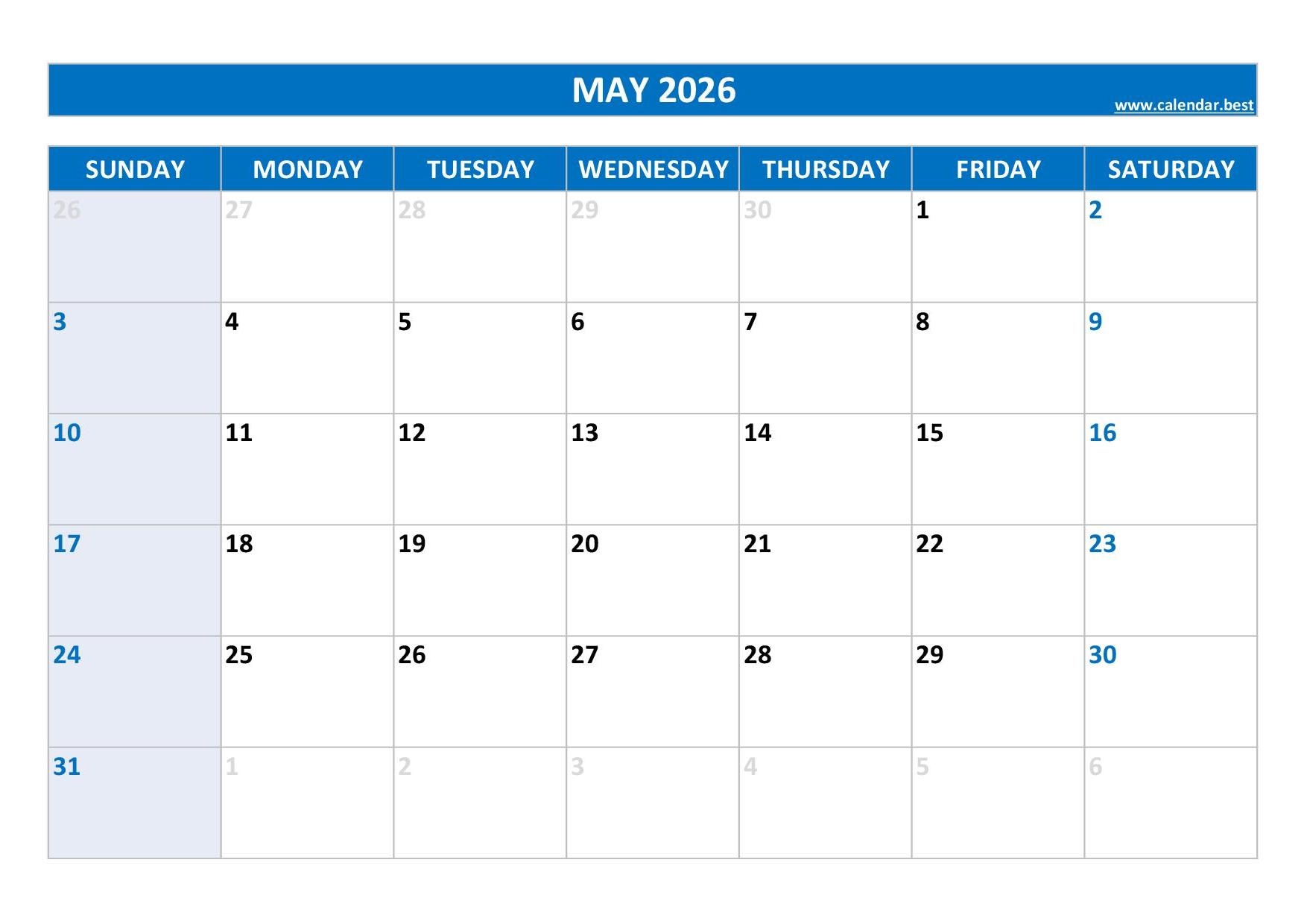 Image Of May 2026 Calendar