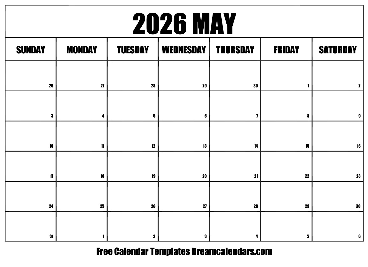 May 2026 Calendar Printable Word