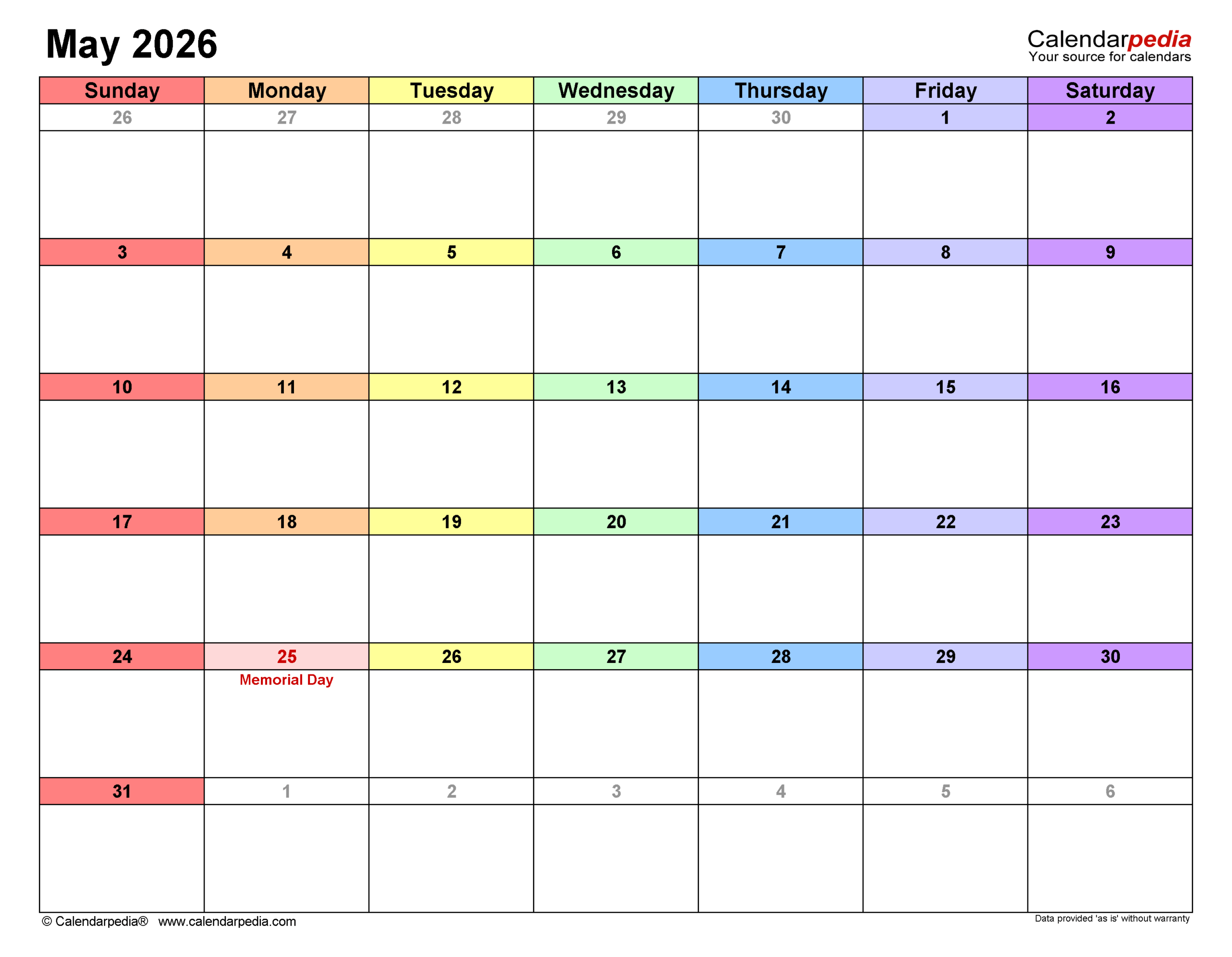 May 2026 Calendar Excel