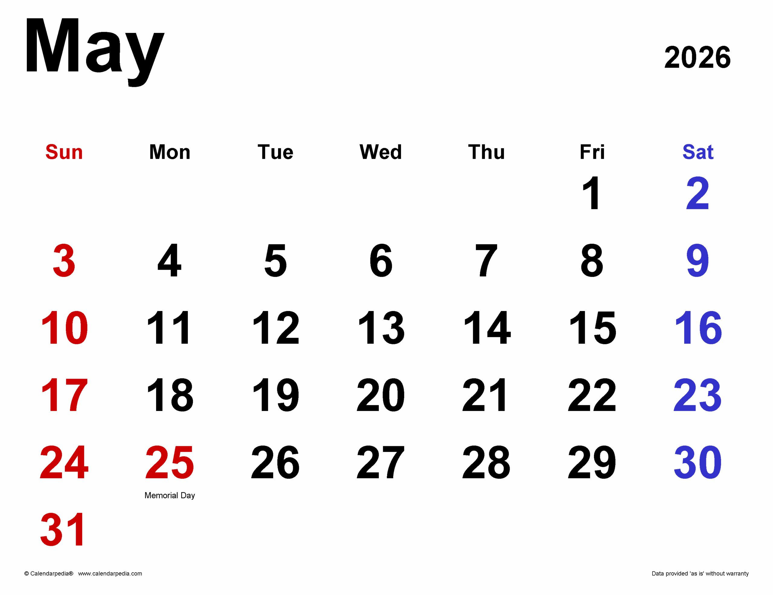 May 2026 Calendar Templates For PDF Excel And Word