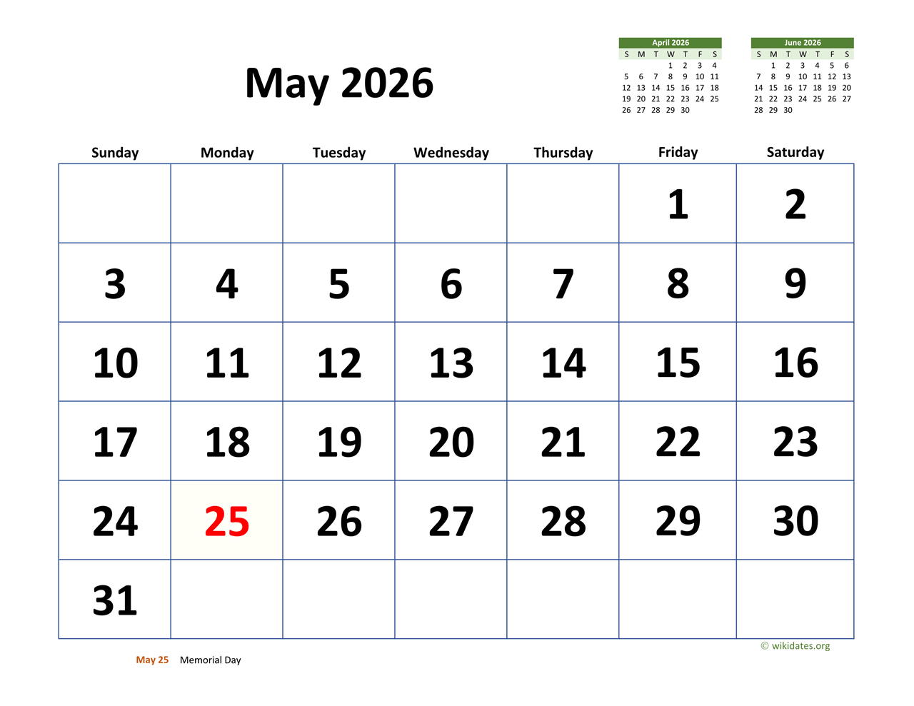 May 2026 Calendar Holidays