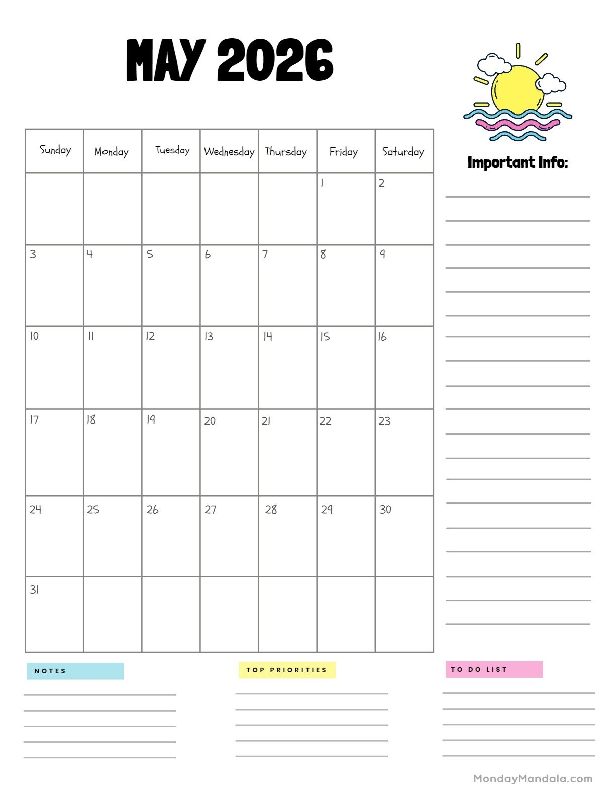 May 2026 Calendar Printable Vertical