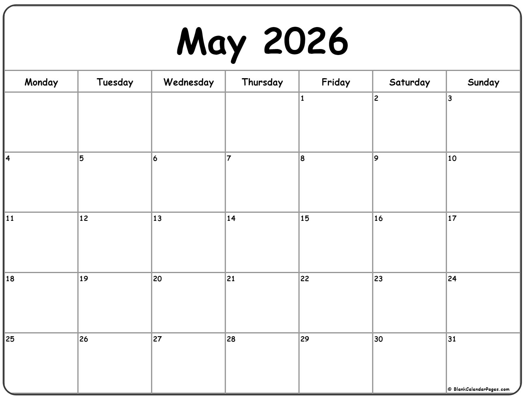 May 2026 Monday Calendar Monday To Sunday