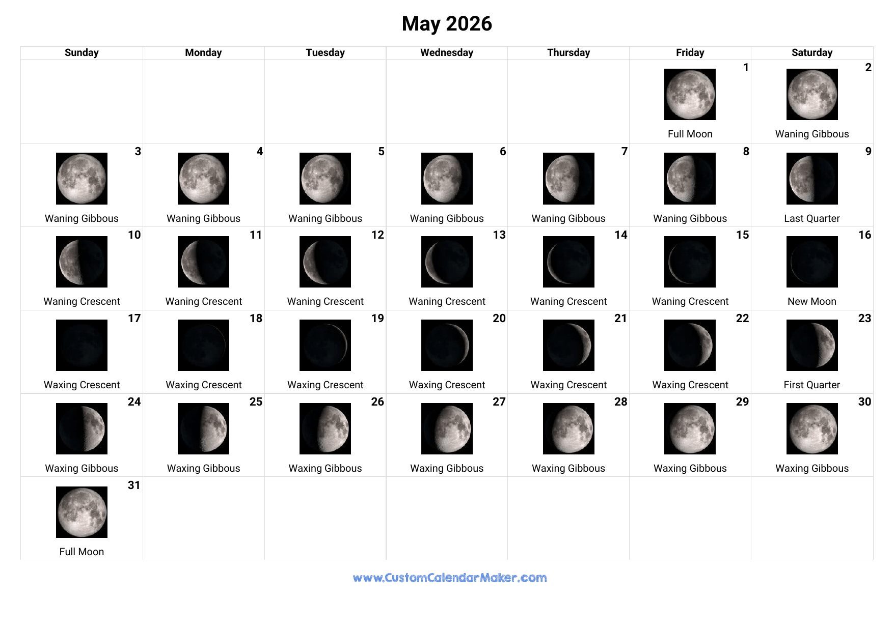 May 2026 Moon Phases Calendar Custom Calendar Maker May 2026 Moon Phases Calendar Custom Calendar Maker