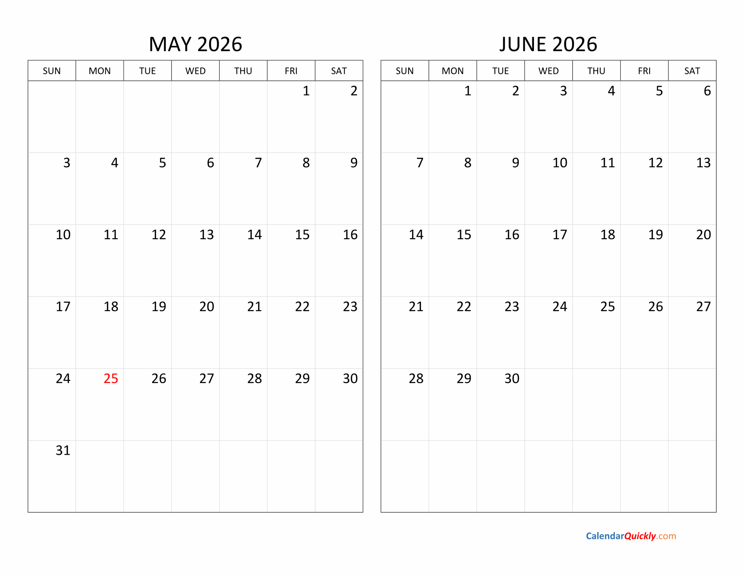 May And June 2026 Calendar Calendar Quickly