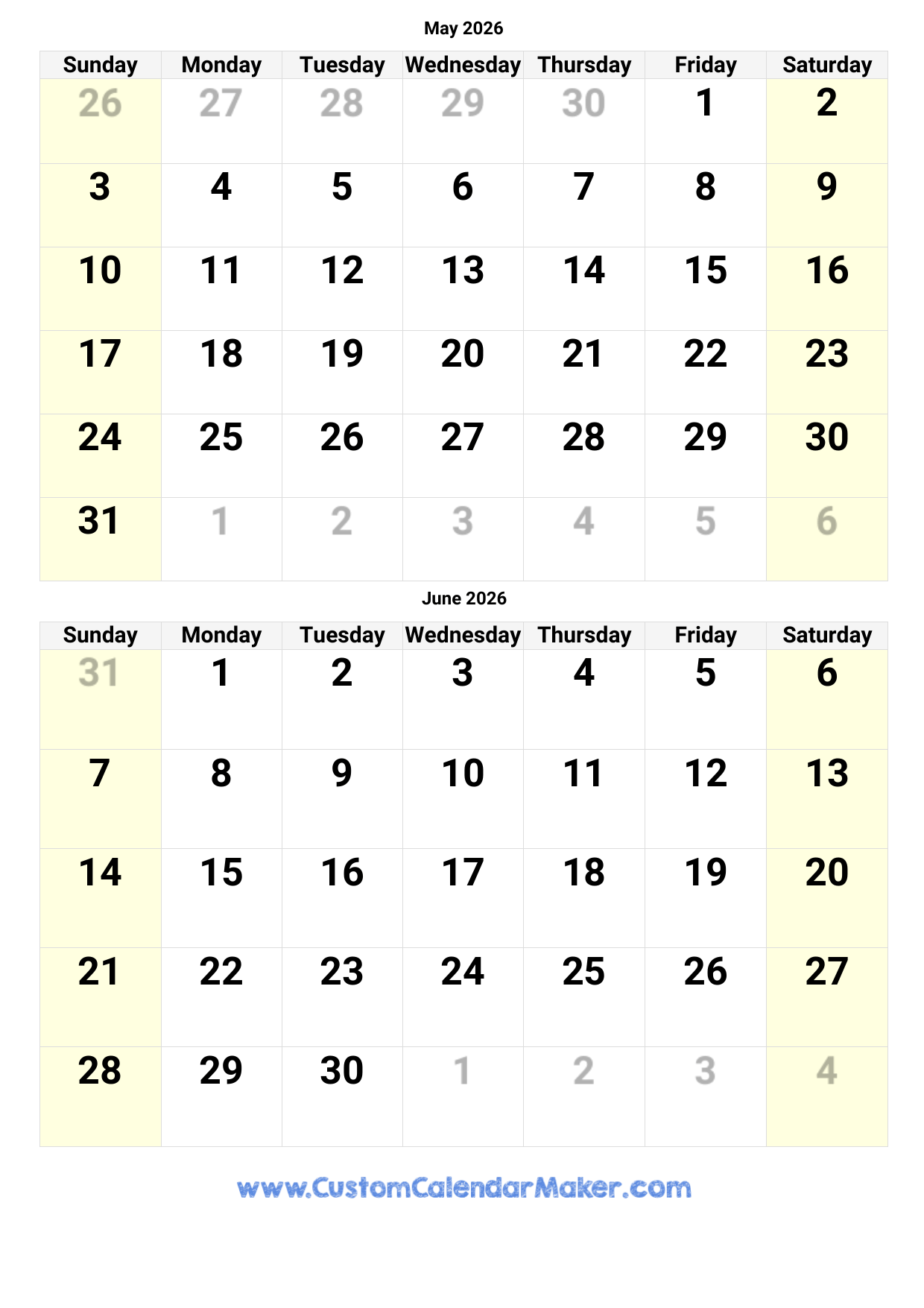 May And June 2026 Calendar Printable May And June 2026 Calendar Printable