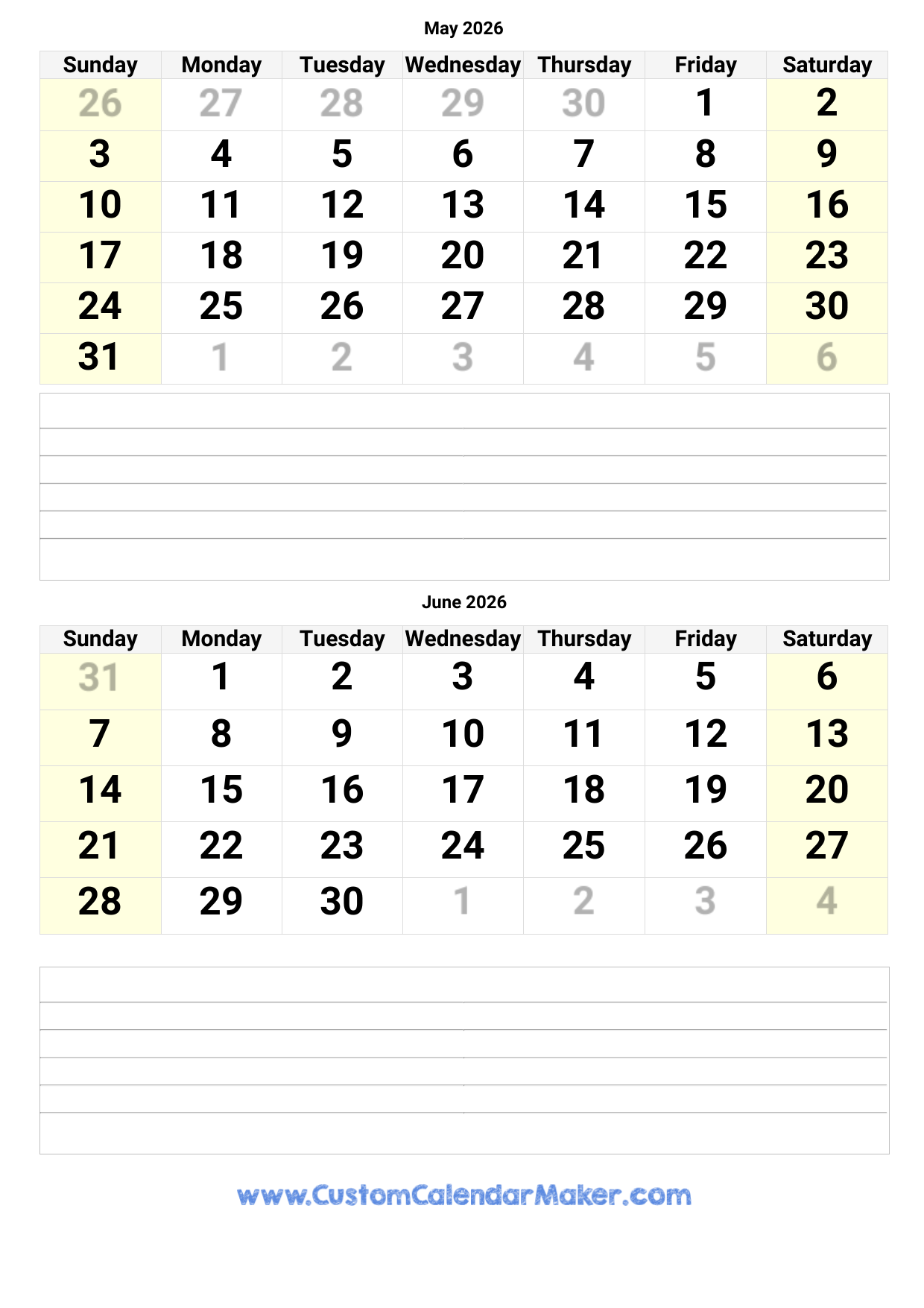 May And June 2026 Calendar Custom Calendar Maker