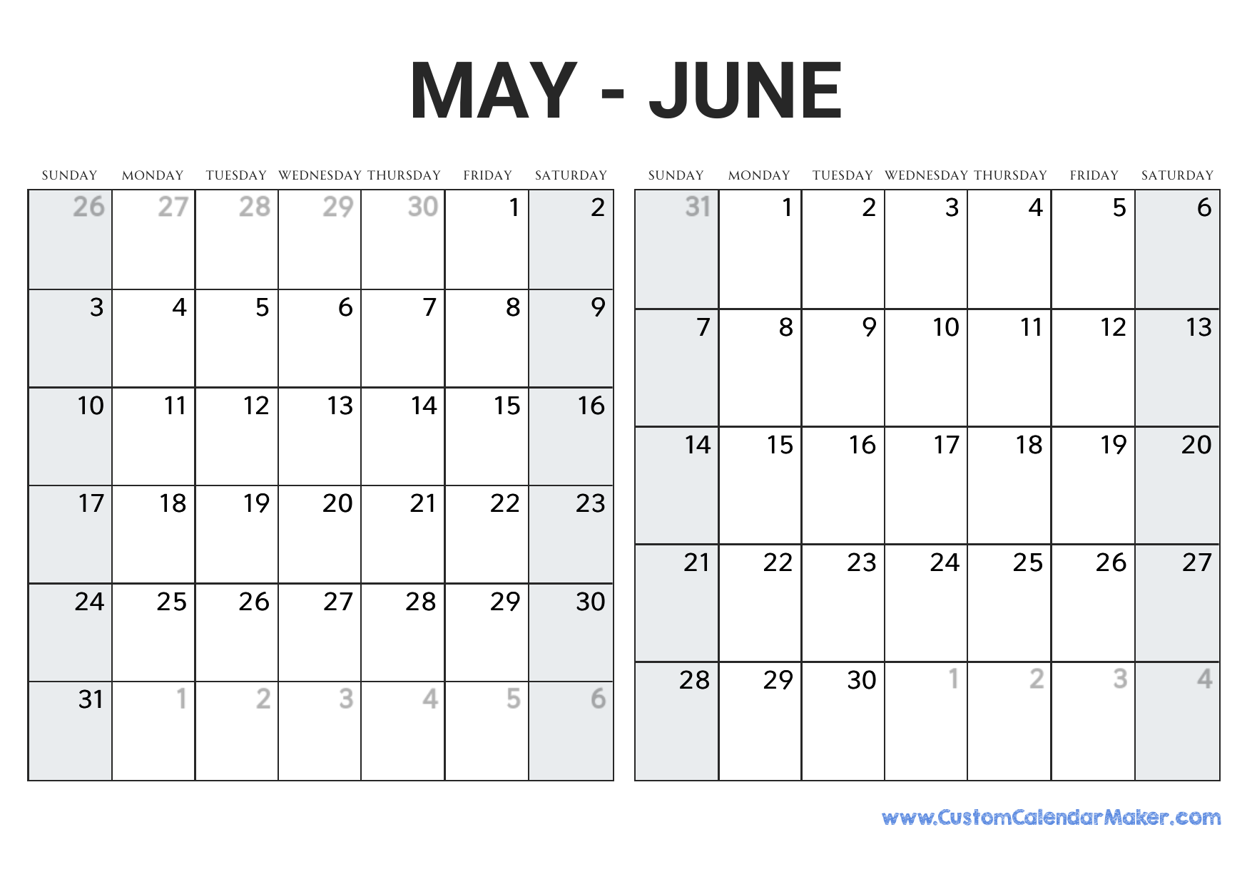 May And June 2026 Calendar Custom Calendar Maker