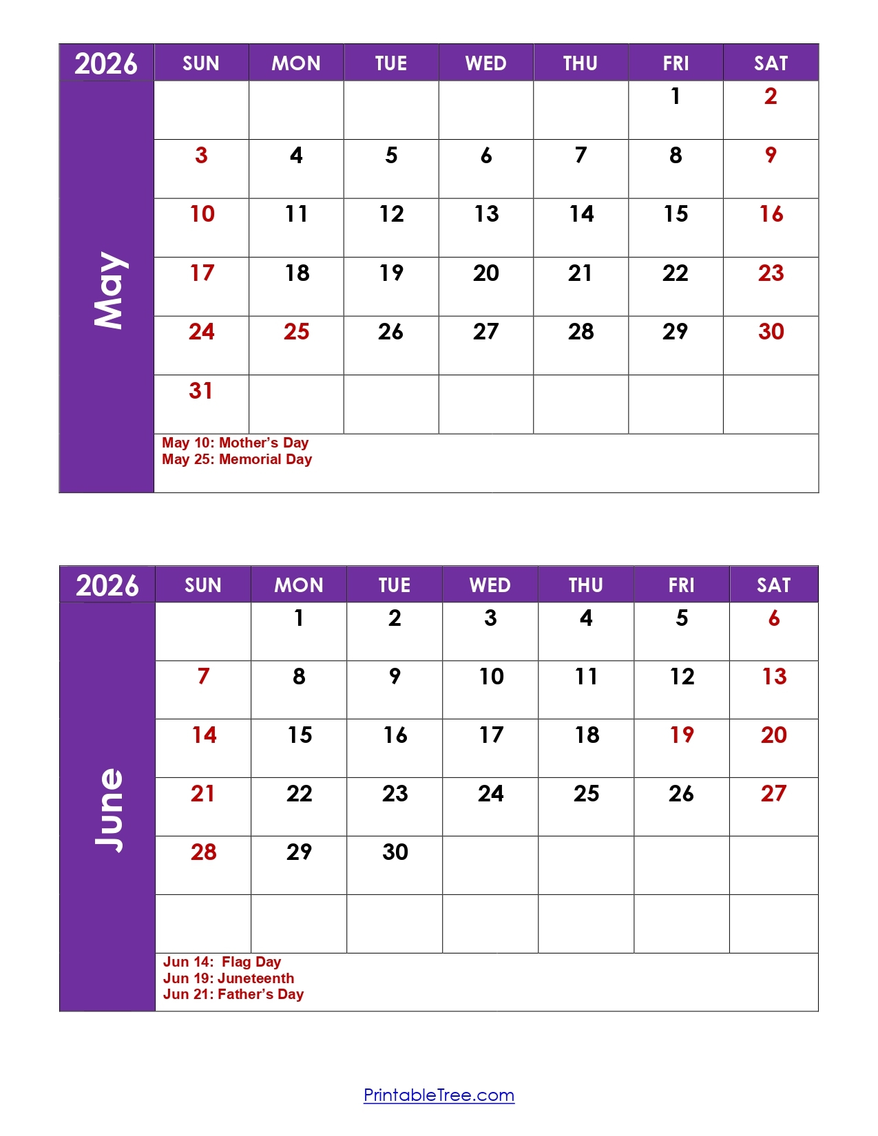 May And June 2026 Calendar Printable PDF 2 Month Calendar Template