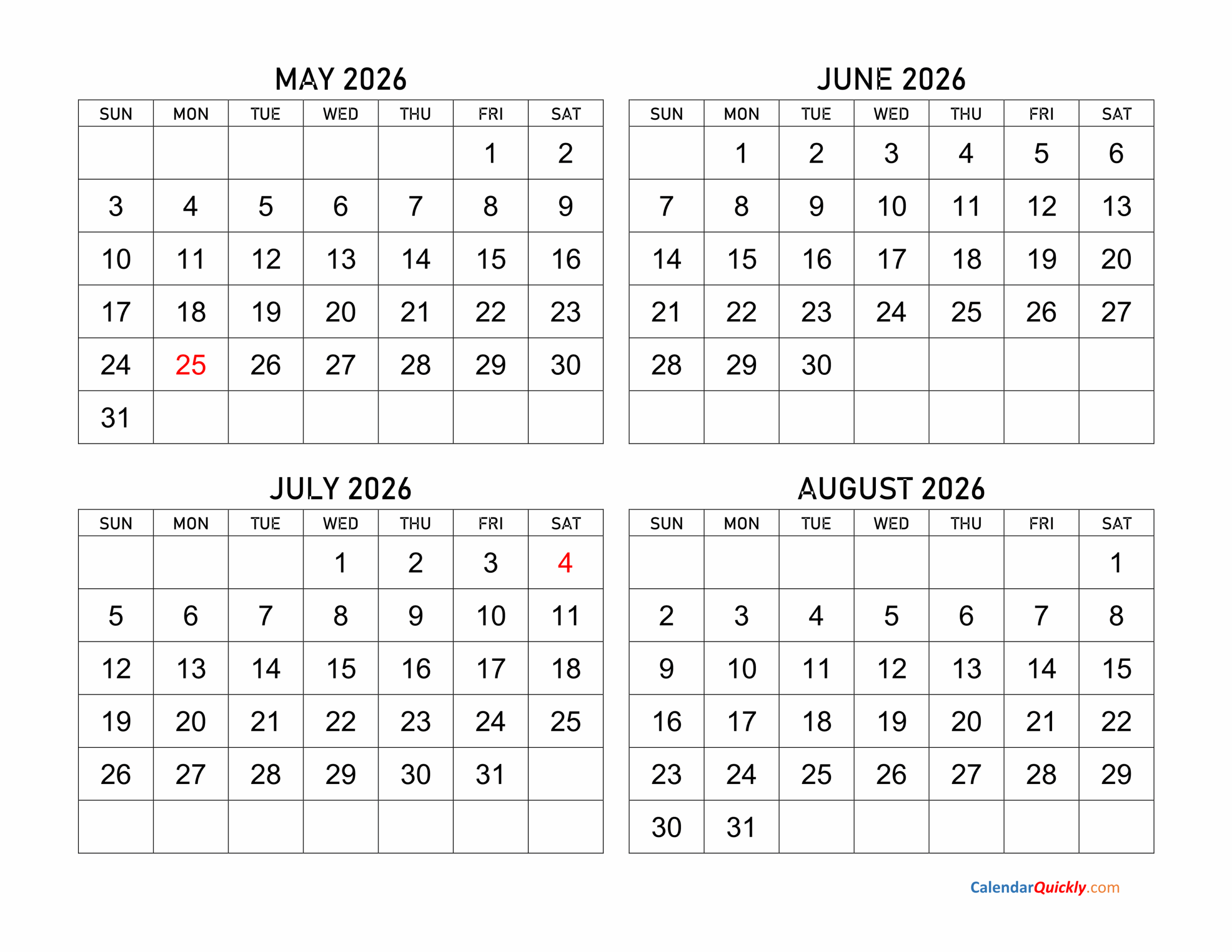 Calendar For May June July 2026