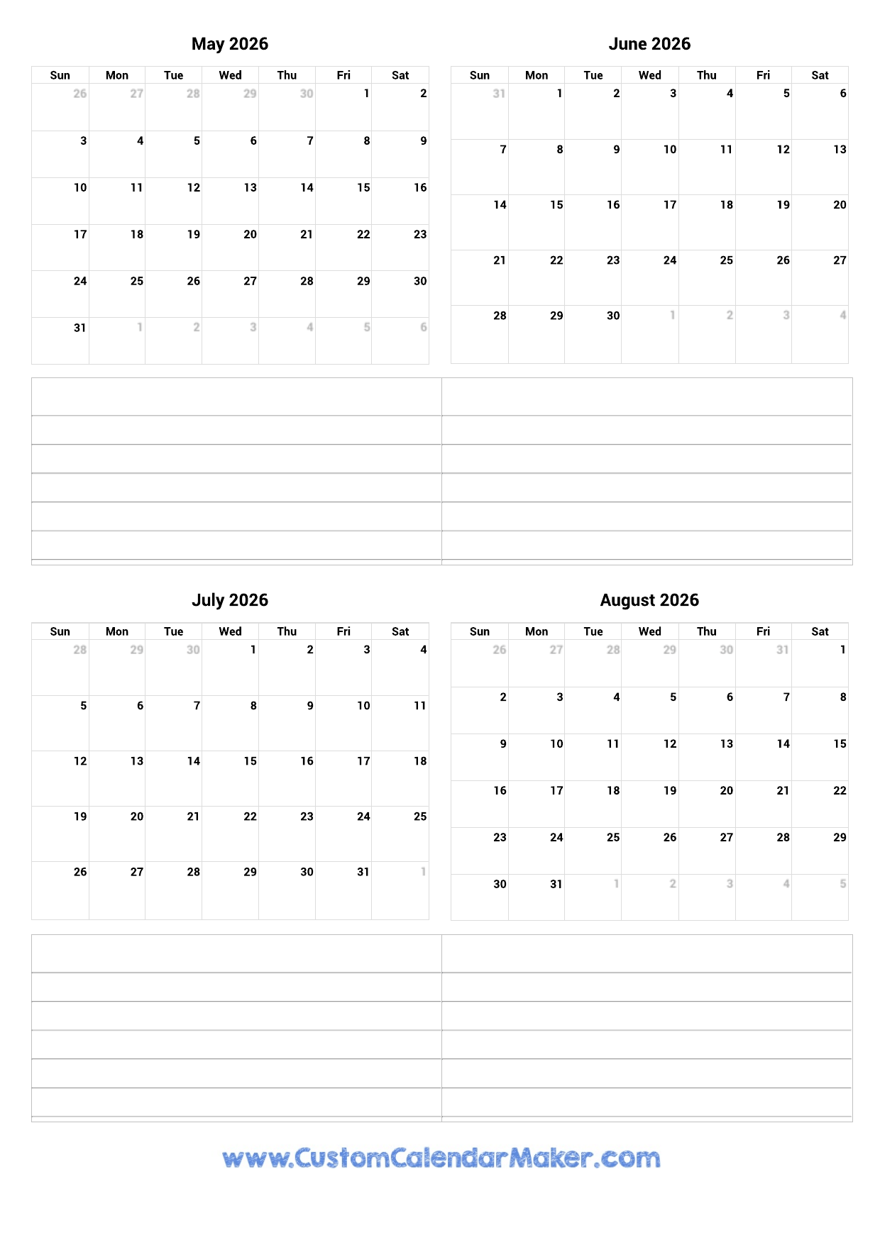 August 2026 May 2026 Calendar Printable