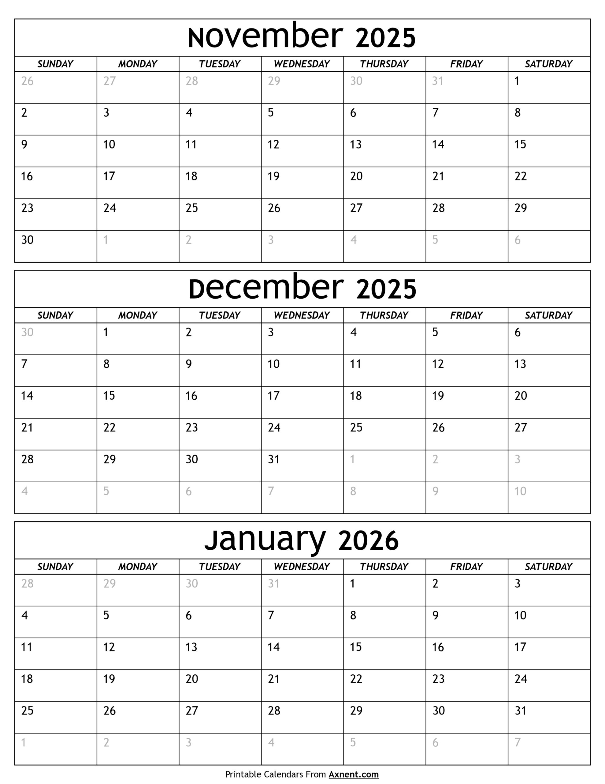 November 2025 To January 2026 Calendar Templates Three Months November 2025 To January 2026 Calendar Templates Three Months