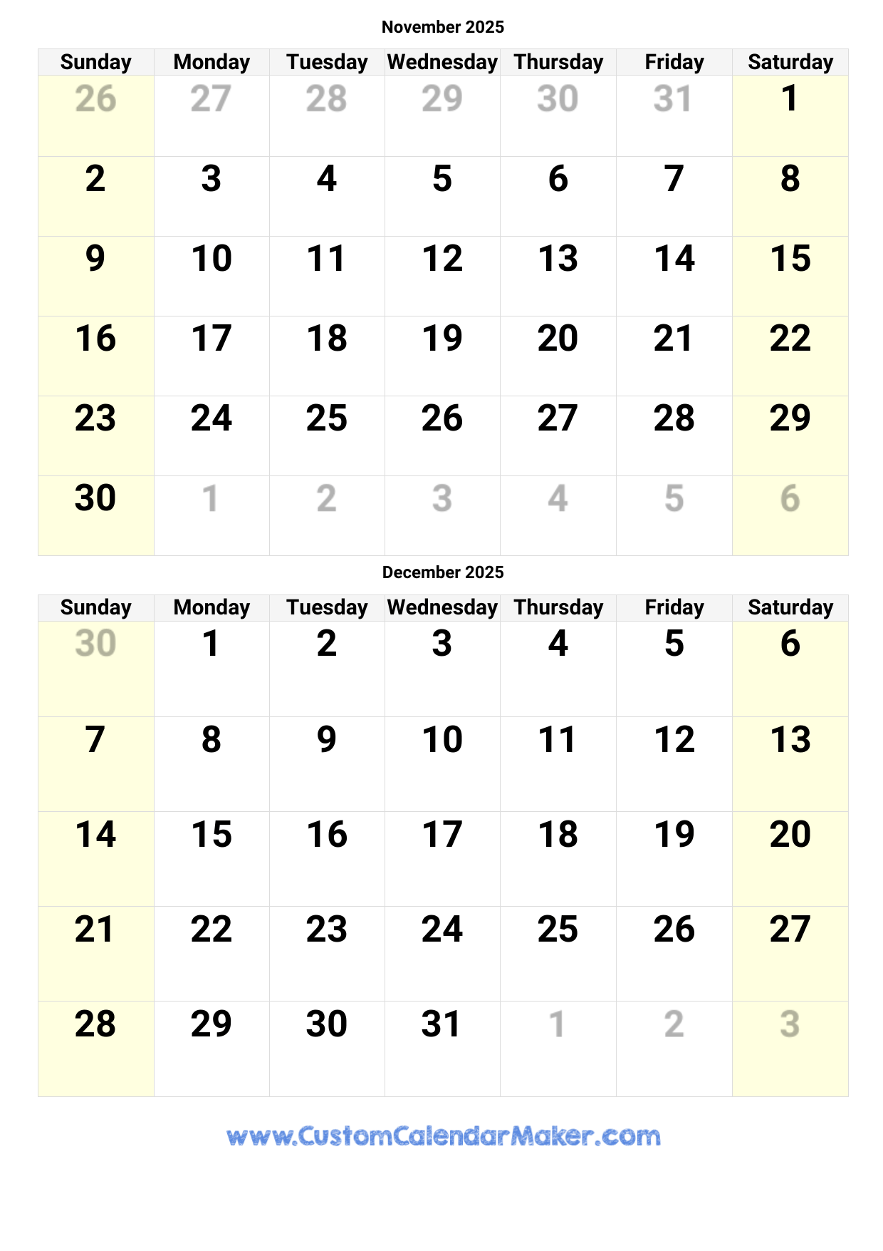November And December 2025 Calendar Custom Calendar Maker