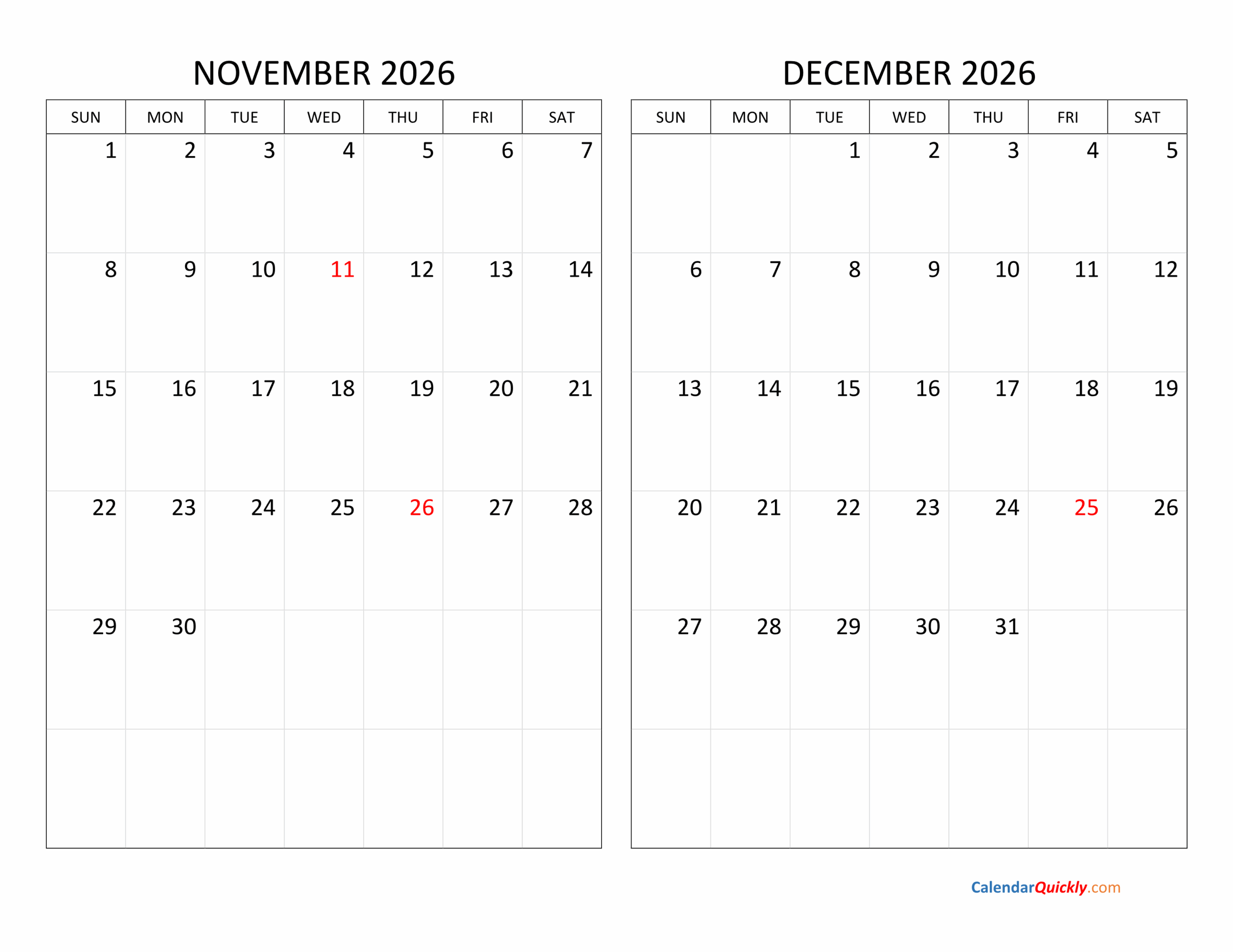 November And December 2026 Calendar Calendar Quickly