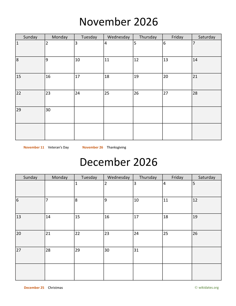 November And December 2026 Calendar WikiDates