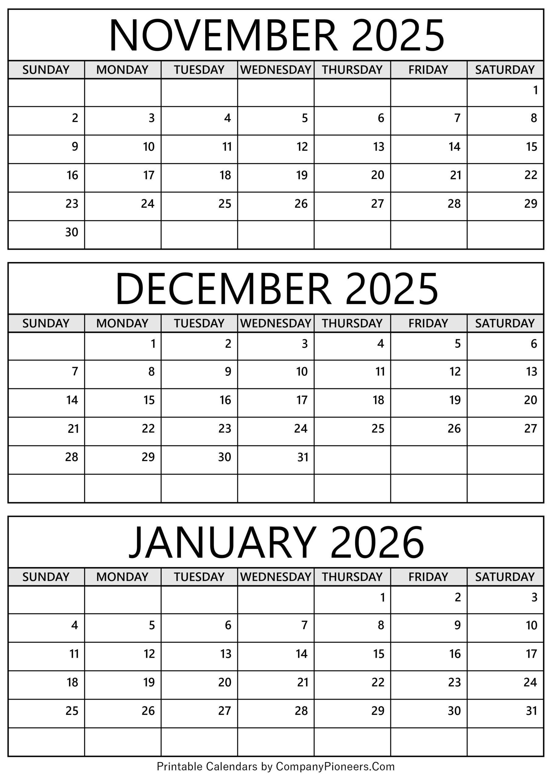 November December 2026 January 2026 Calendar