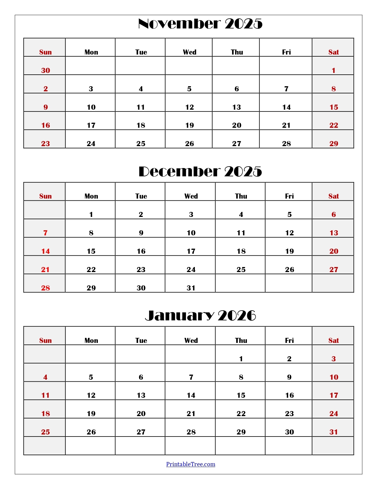November To January 2026 Calendar Printable PDF Three Months Calendar