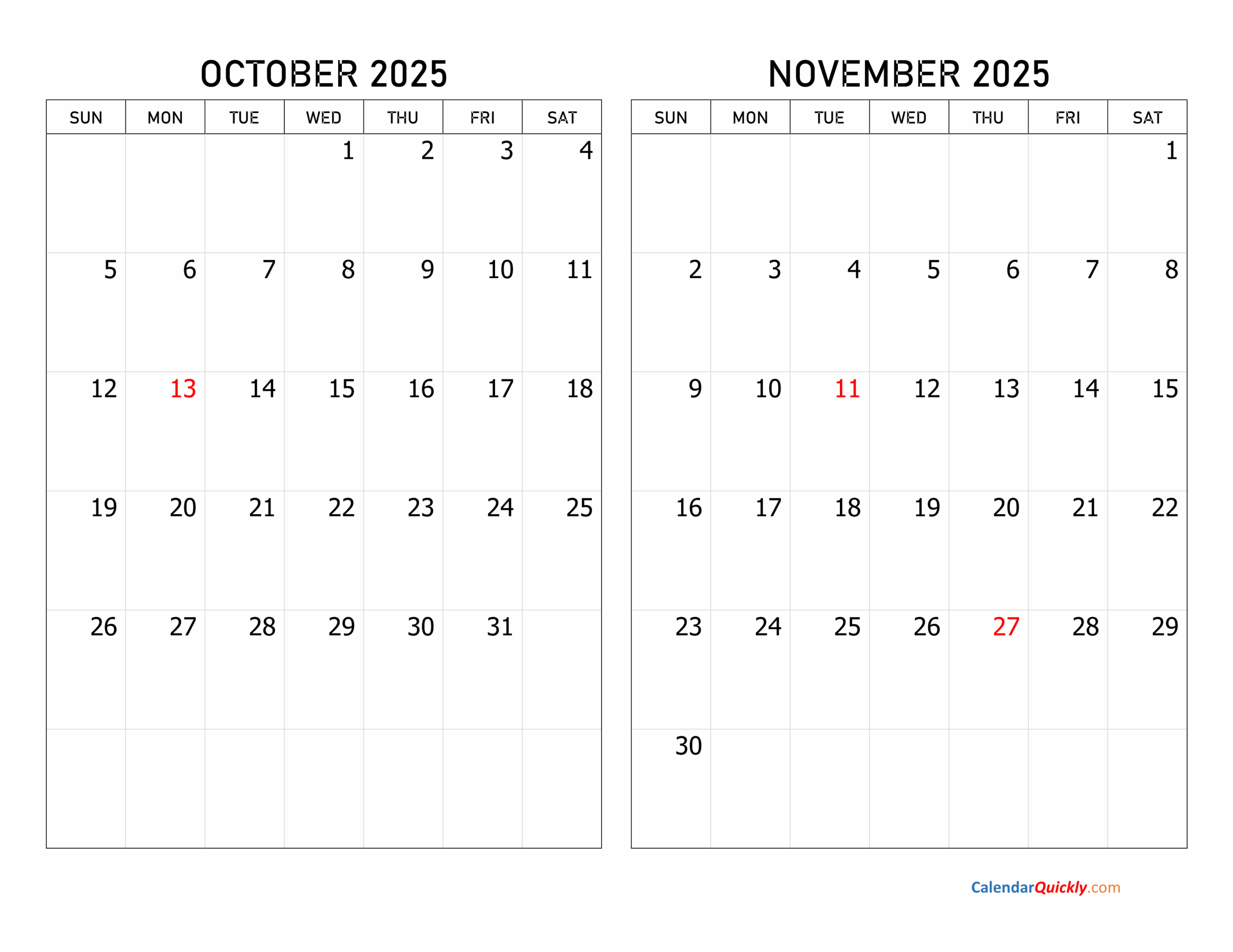 October And November 2025 Calendar Calendar Quickly