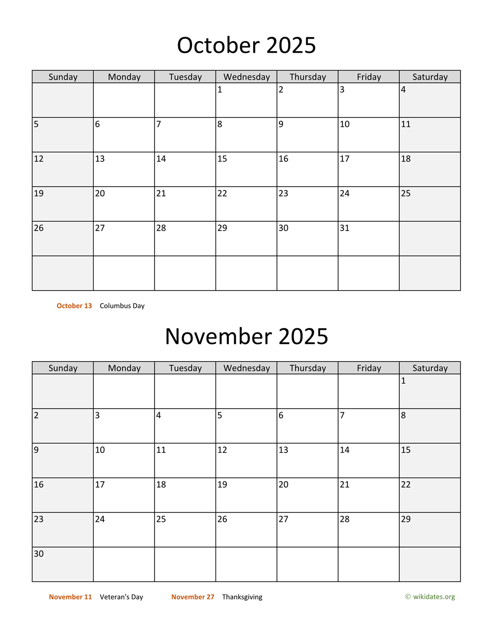 October November December 2025 Calendar