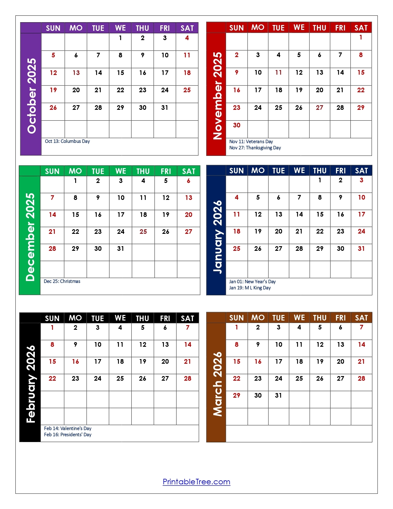 October To March 2026 Calendar Printable PDF Six Months Calendar