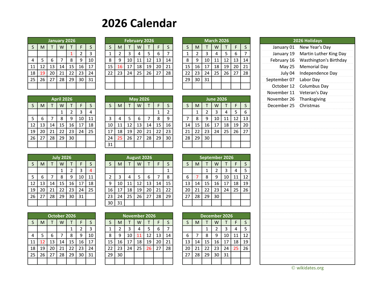 Printable 2026 Calendar With Federal Holidays WikiDates Printable 2026 Calendar With Federal Holidays WikiDates