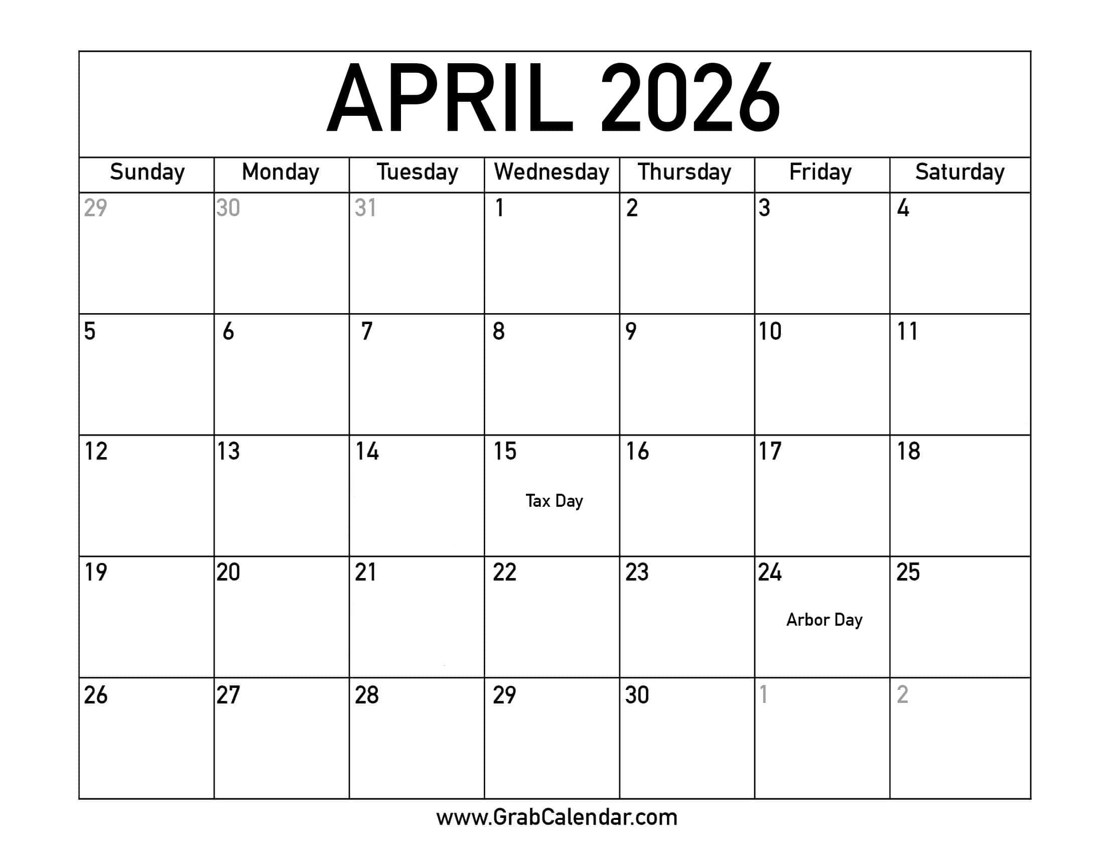 Printable April 2026 Calendar