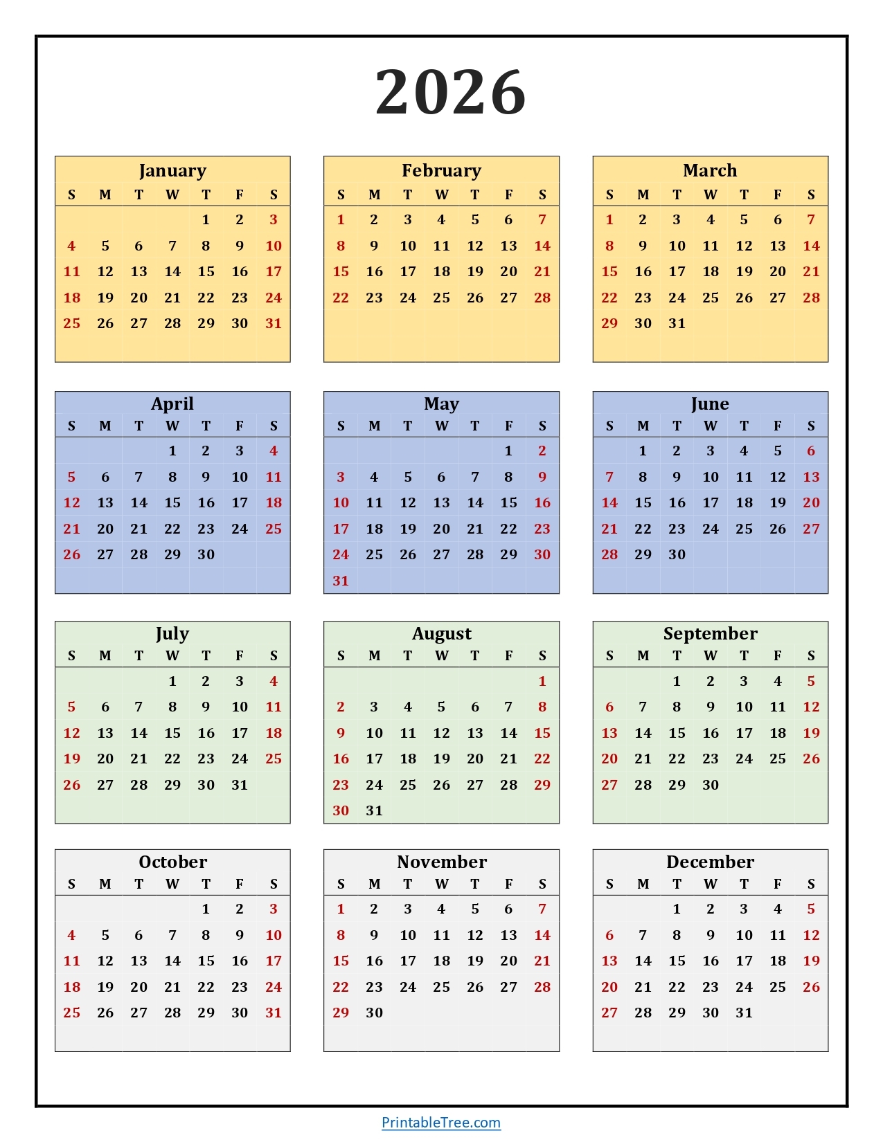Printable Calendar 2026 One Page With Holidays Single Page 2026 