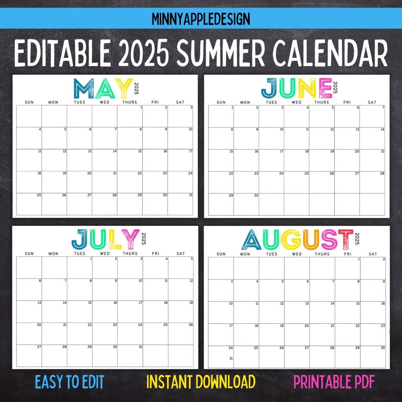 Printable Editable SUMMER Calendar June July August Calendar May 2025 June 2025 July 2025 August 2025 Summer Planner Printable Editable SUMMER Calendar June July August Calendar May 2025 June 2025 July 2025 August 2025 Summer Planner