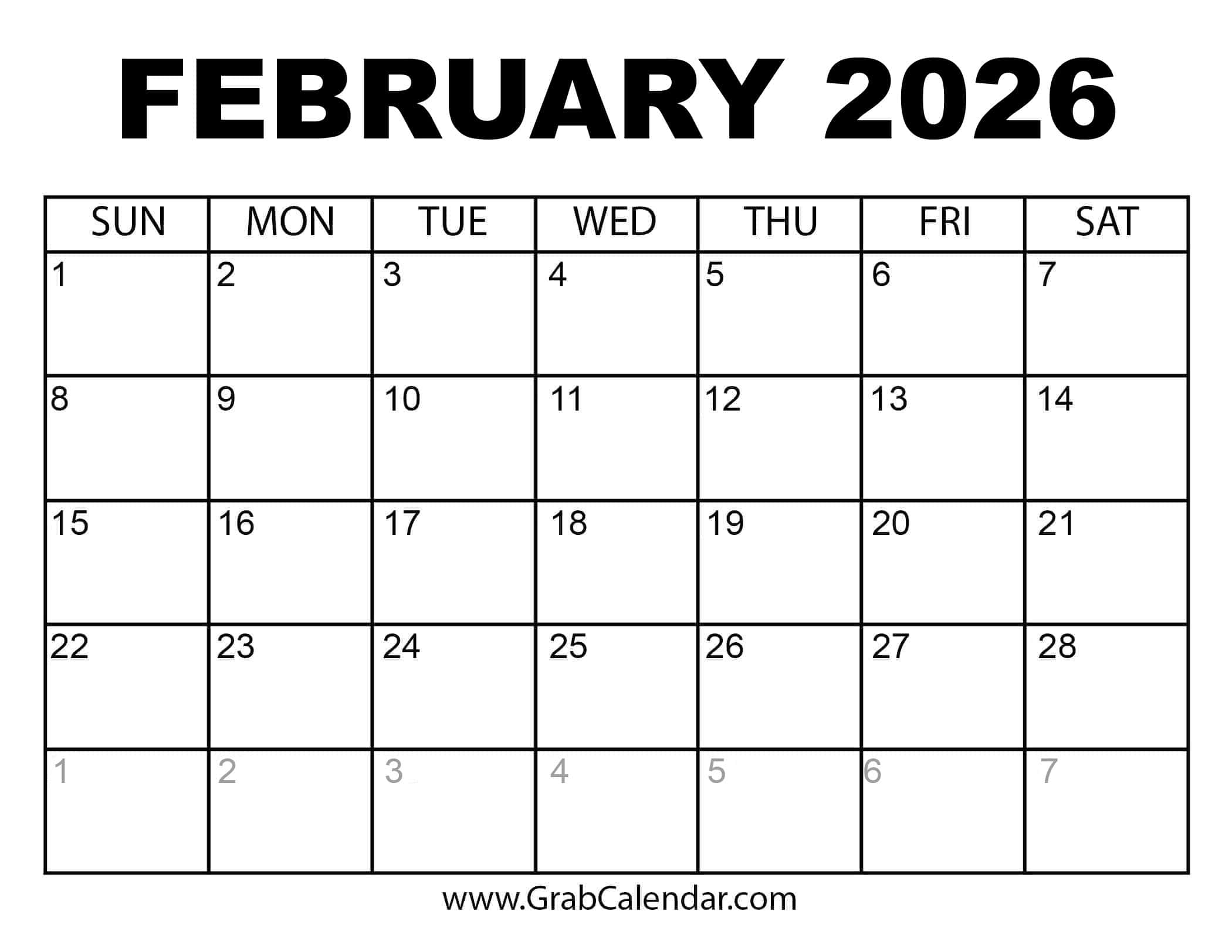 Printable February 2026 Calendar