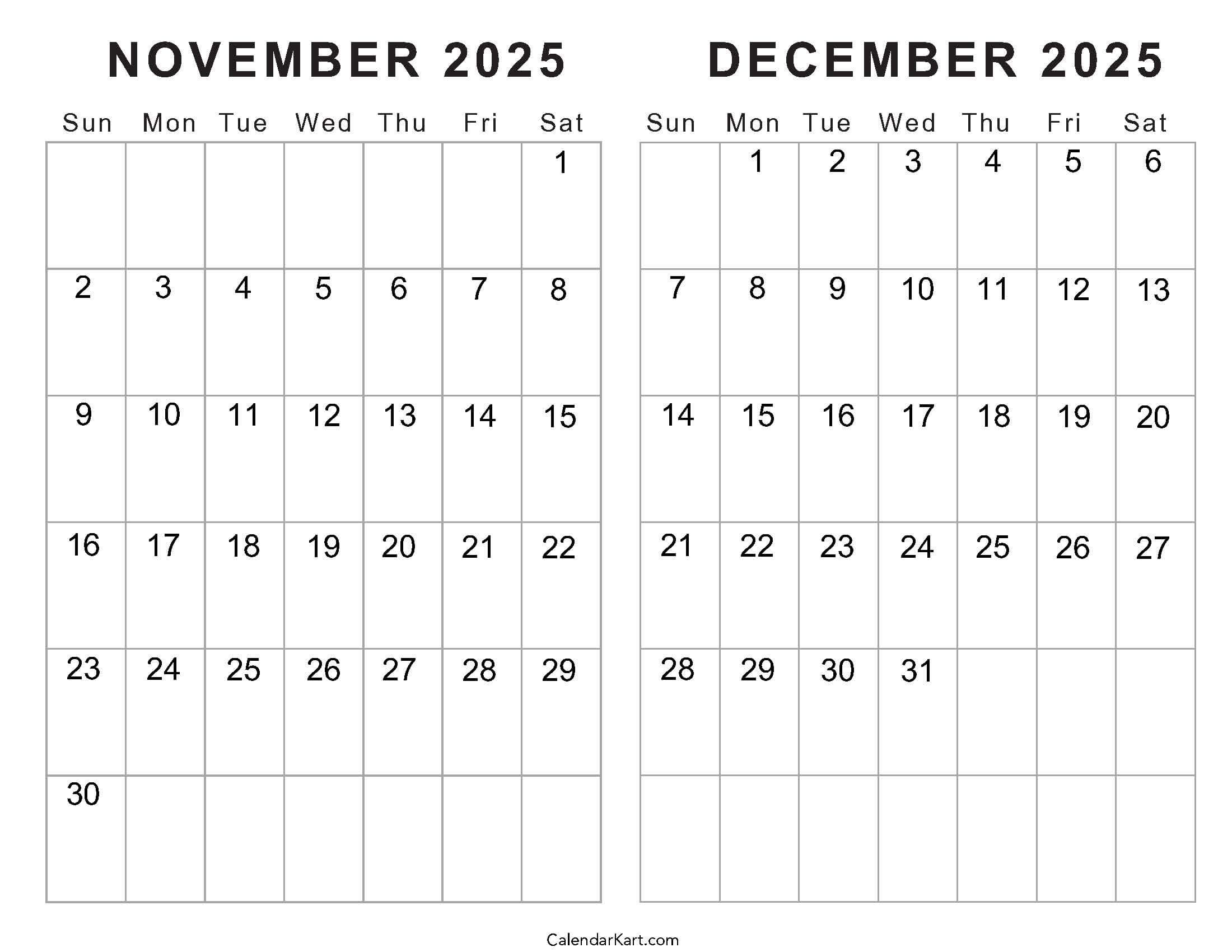 Printable November December 2025 Calendars Calendarkart