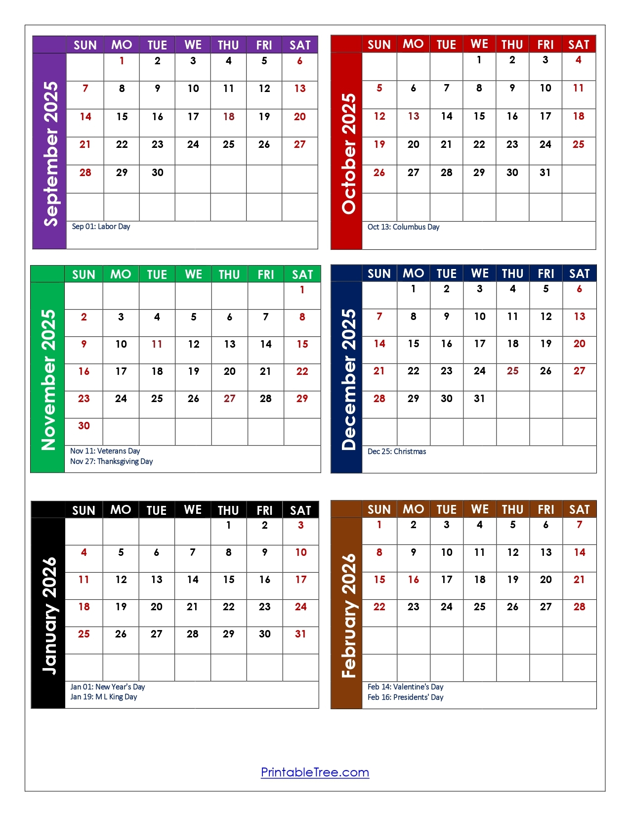 September To February 2026 Calendar Printable PDF Six Months 